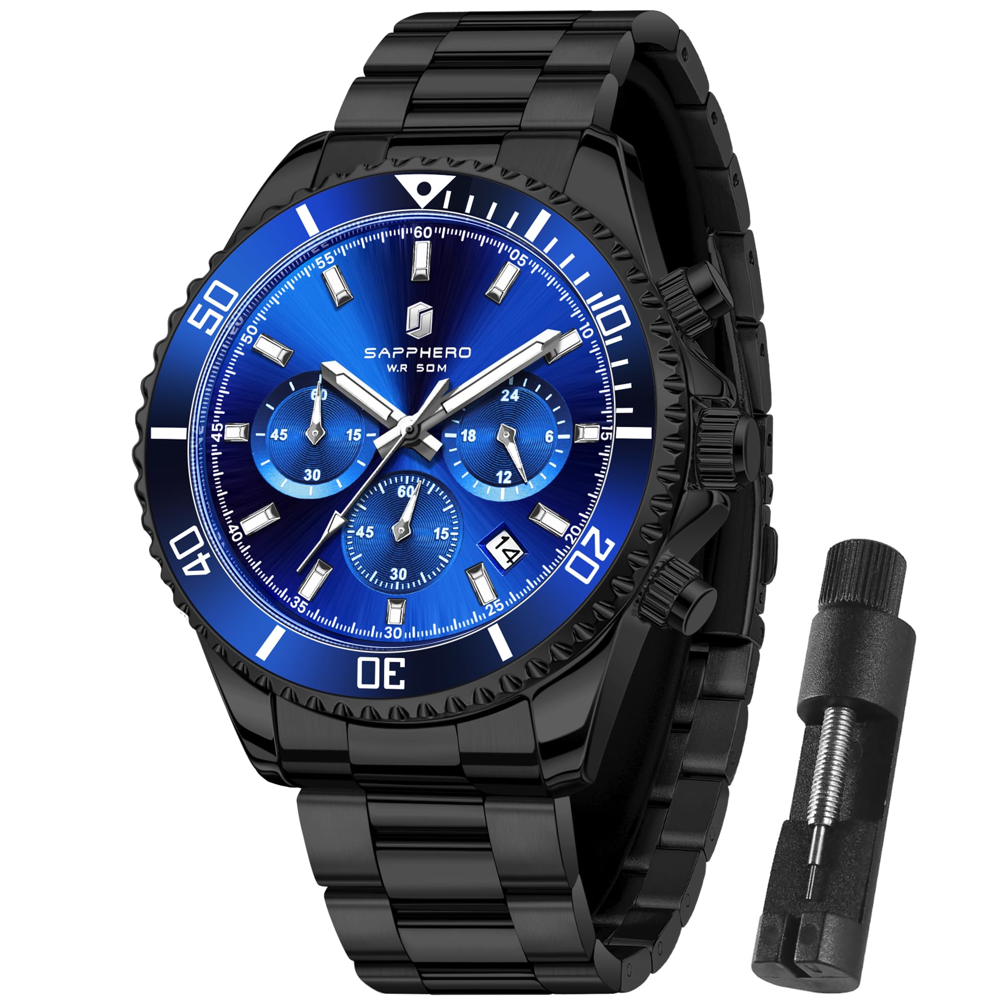 SAPPHERO Uhren Herren Chronograph Analog Quarz 50M Wasserdicht Armbanduhr Herren Mode Lässig Business Herrenuhren mit Kalender Edelstahlarmband Uhr Geschenk für Männer