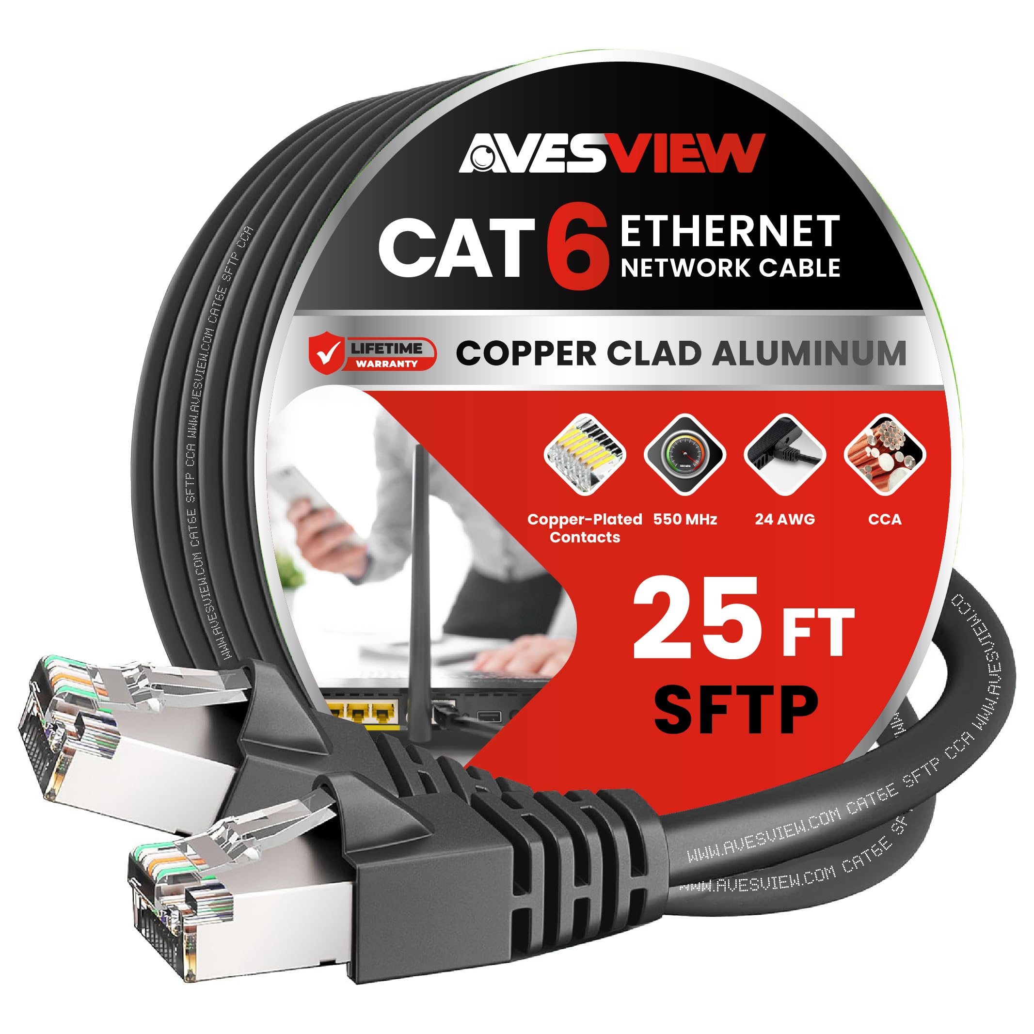 AvesView CAT 6 Shielded Ethernet Cable 25 FT, Indoor High-Speed (SFTP) 10Gbps Snagless Shielded 25FT Ethernet Cable for Internet, Router, Computer,