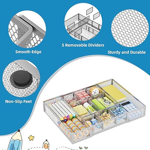 Miniatura 67 de Marbrasse Organizador de cajones de escritorio expandible, bandeja organizadora de cajones de malla con 10 compartimentos ajustables, organizadores