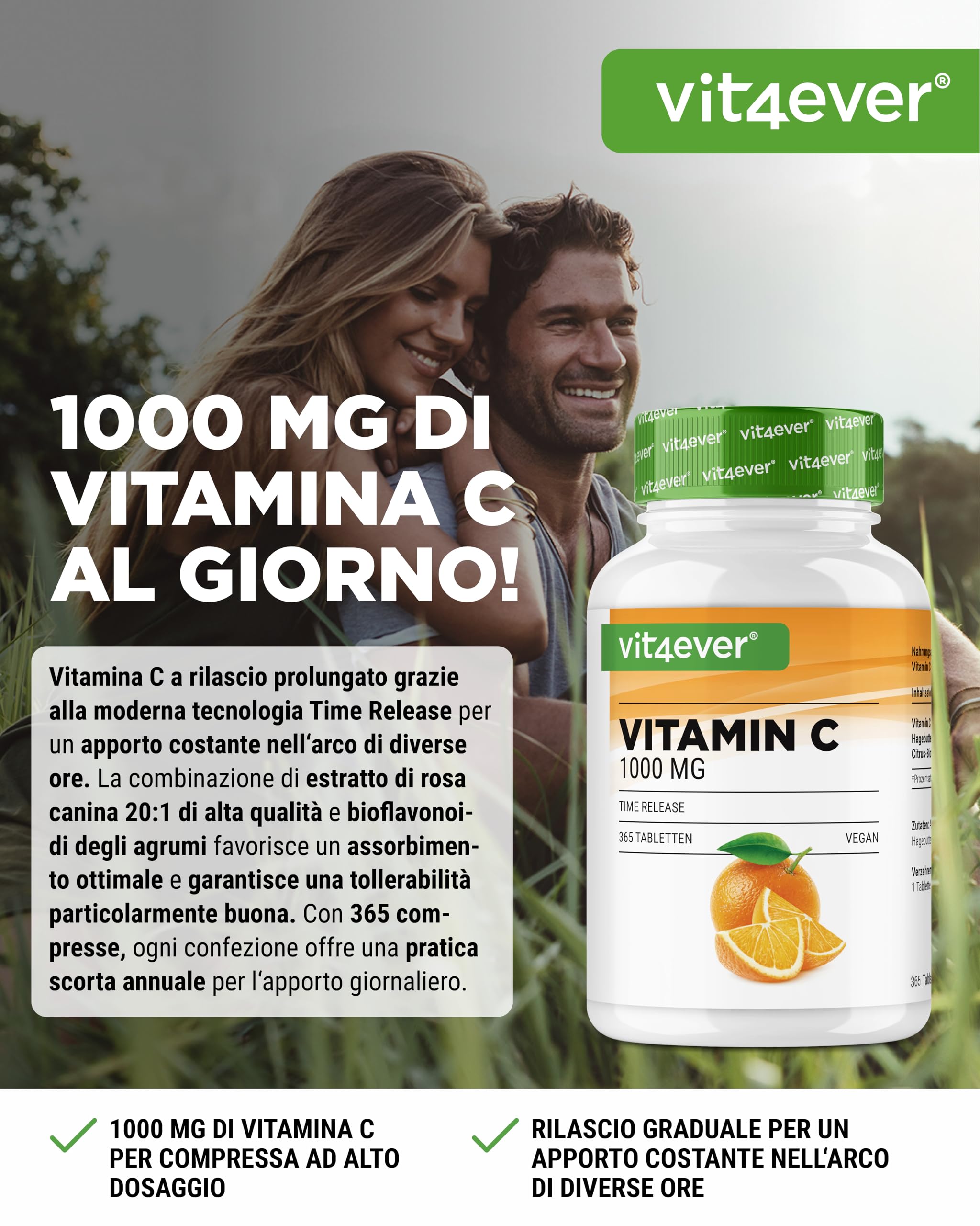 Vitamina C 1000mg - 365 compresse in un anno di fornitura - Effetto Rilasciato nel Tempo - Vitamina C + Estratto di Rosa Canina + Bioflavonoidi di Agrumi - Vegan