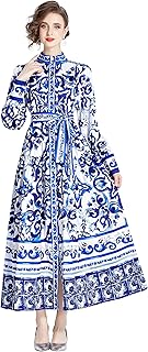 Women's Floral Print Long Lantern Sleeve Button Up Loose Casual Maxi Dress - Buy now