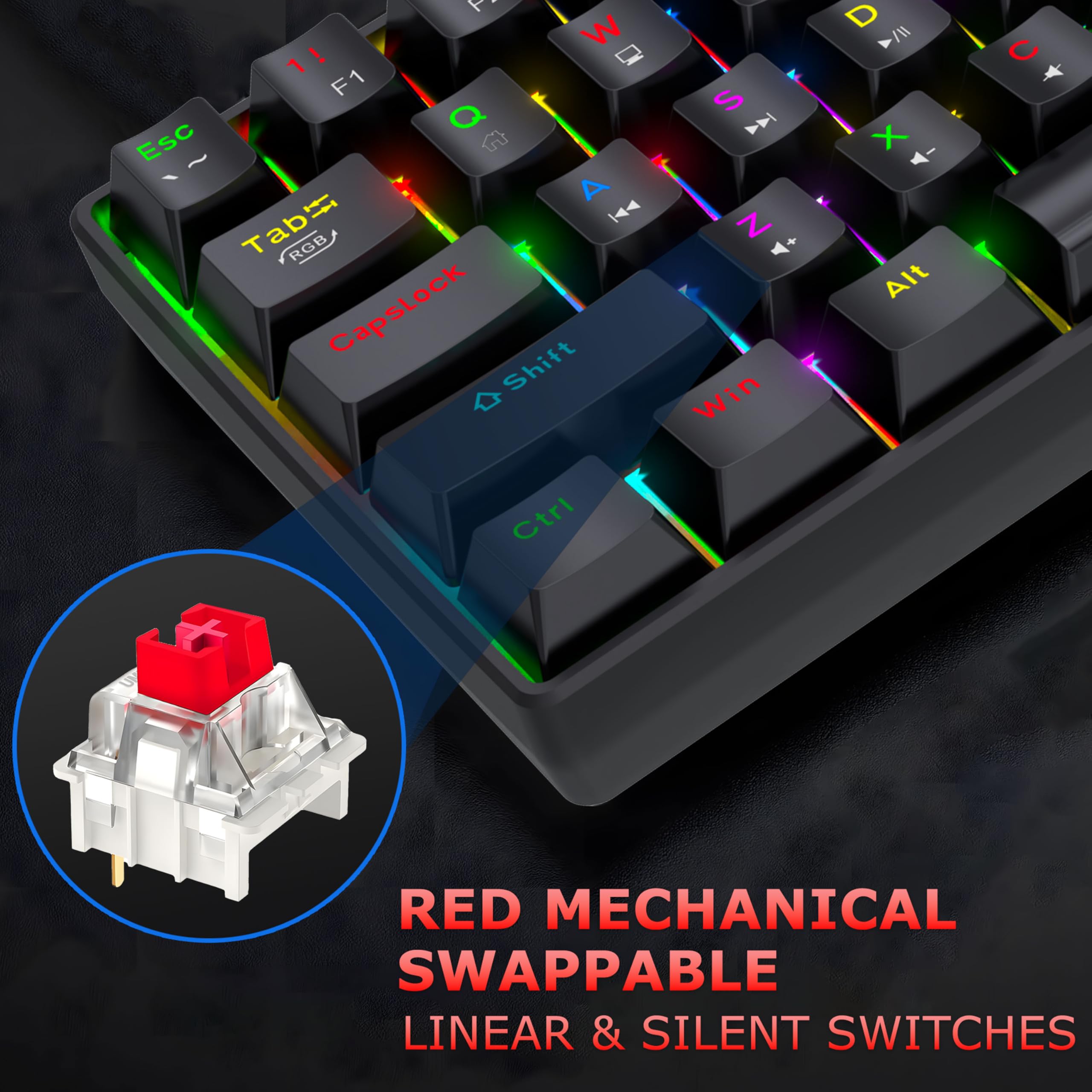 Ant Esports MK1300 V2 60% Wired Mechanical Gaming Keyboard, 61 Keys Compact Mini Software Controlled, RGB Backlit,Hot-Swappable Red Switches, Detachable USB-C, Anti-Ghosting, PC/Mac Compatible – Black — Amazon image 2