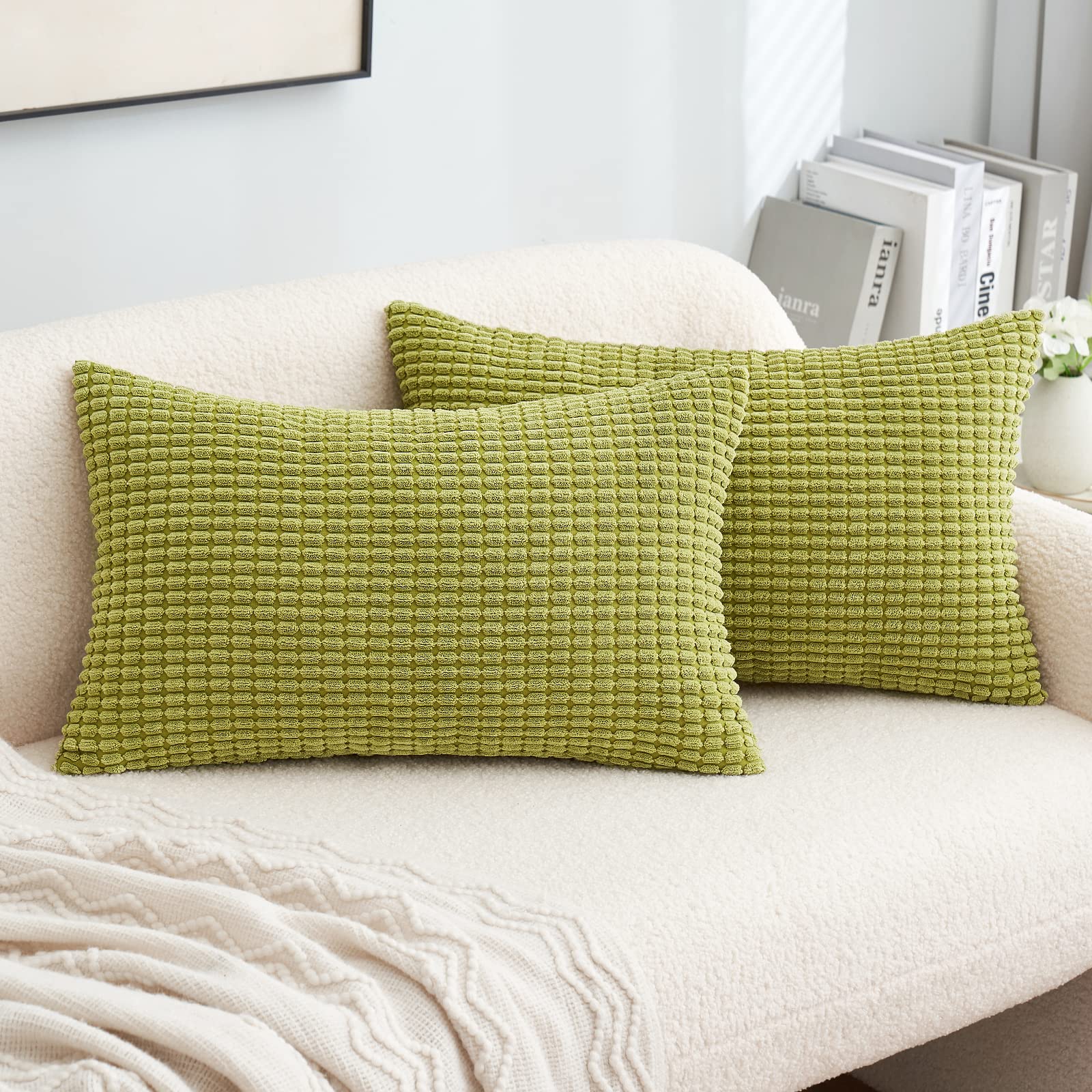 MIULEE Set of 2 Decorative Corduroy Cushion Covers 12x20 Inches, 30x50 cm Striped Solid Rectangle Throw Pillow Cases for Sofa Couch Home Bedroom Grass Green