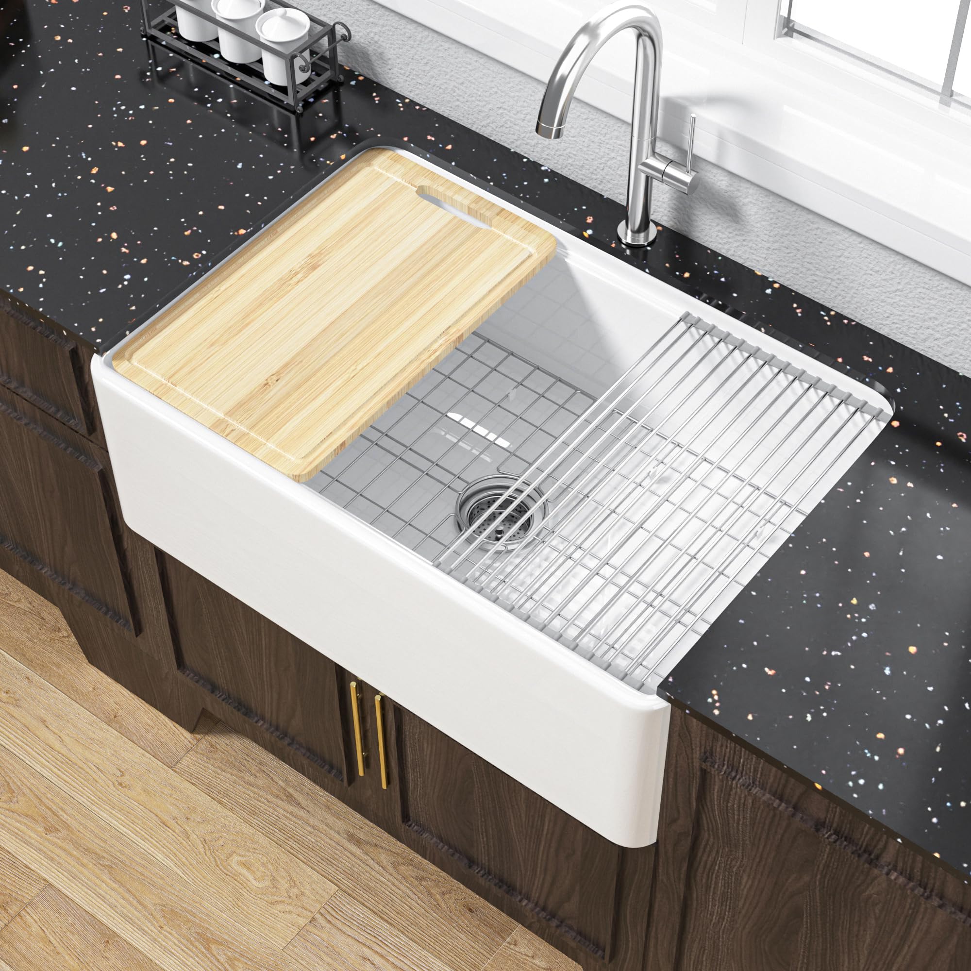 Farmhouse Workstation Sink 30 Inch for Kitchen - White Apron Front Fireclay Kitchen Sink Reversible 30"x20"x10", Farm House Style Heavy Duty Deep Single Bowl