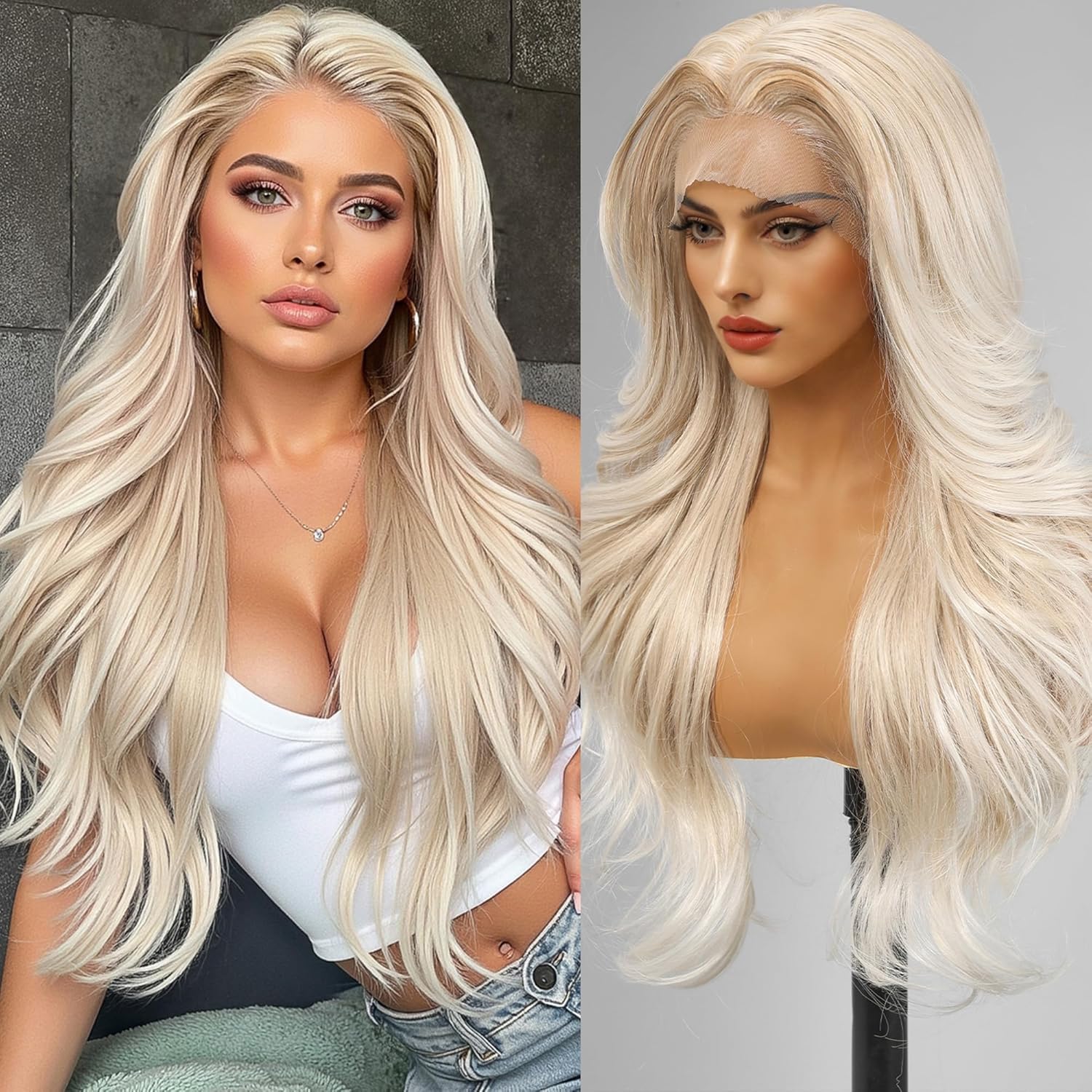 testar 613 Blonde 13×4 Lace Front Wig Long Blonde Body Wave Wigs for White Women Middle Part Synthetic Heat Resistant Fiber Wig for Daily Cosplay 26 Inch Platin