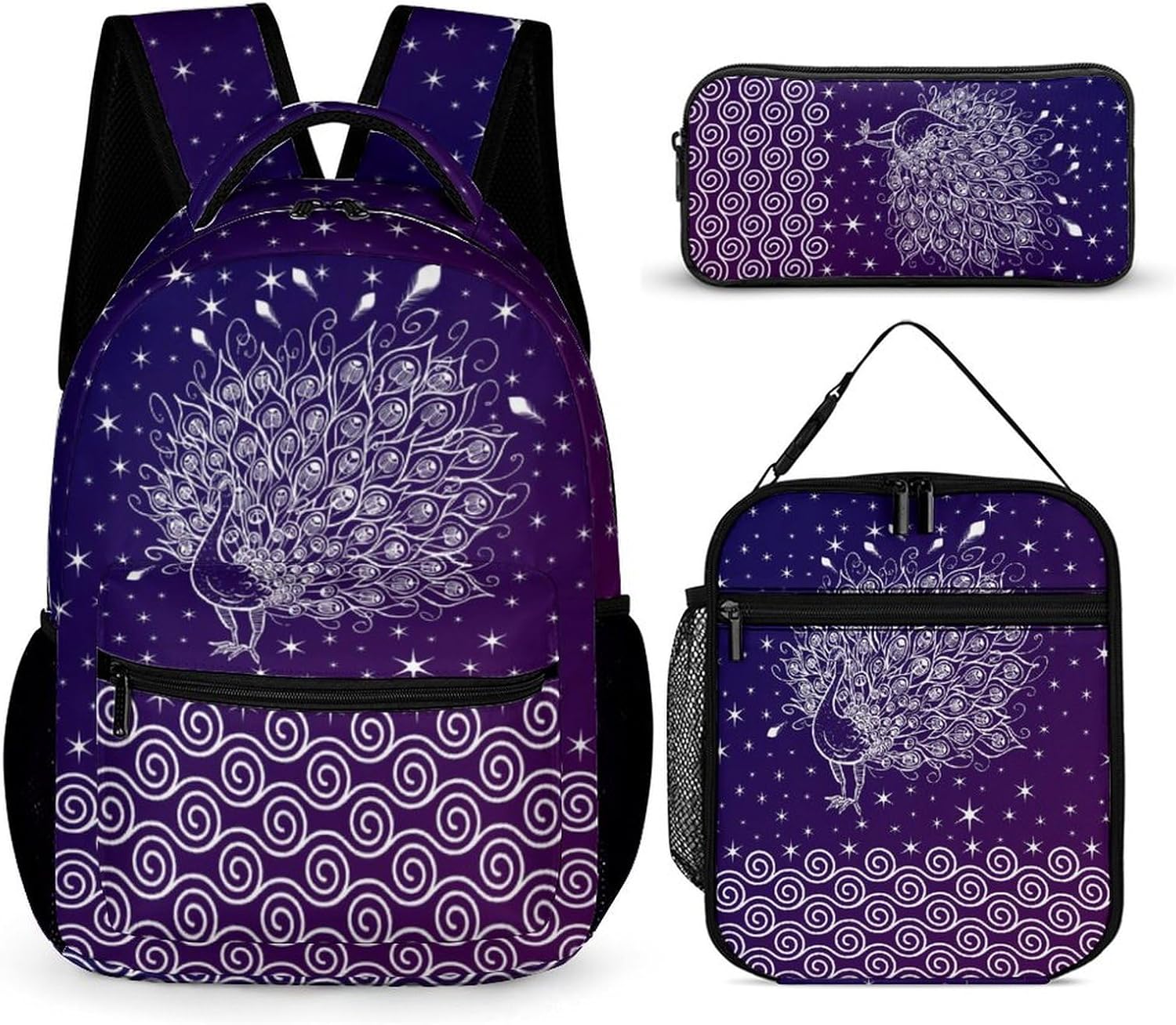 Homieblanket Peacock Backpack with Lunch Box & Pencil Case, 16 Inch Cute Peacocks Themed Bookbag, Adjustable Lightweight Large Capacity, Colorful Daily Casual Purple Backpacks Set with Lunch Bag