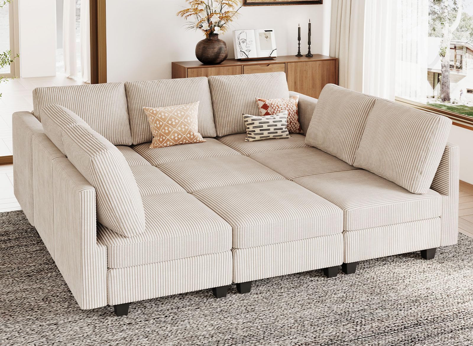 Belffin Corduroy Modular Sectional Sofa 9 Seat Convertible Sectional Sleeper Sofa Bed with Storage Ottomans Modular Sectional Couch Bed for Living
