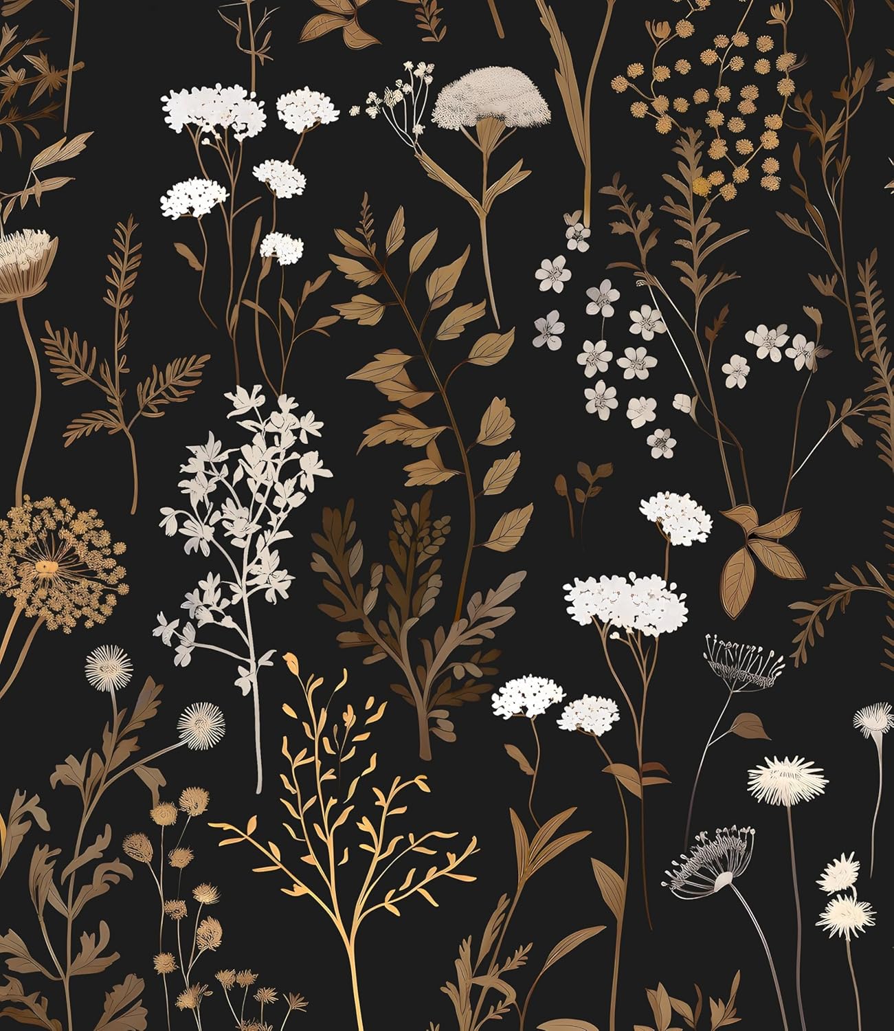 Vintage Dark Floral Wallpaper Peel and Stick, Black Gold Contact Paper 17.5" x 393.7", Antique Golden Botanical Wall Paper Self Adhesive Removable Waterproof for Bedroom Cabinet Drawer Table Decor