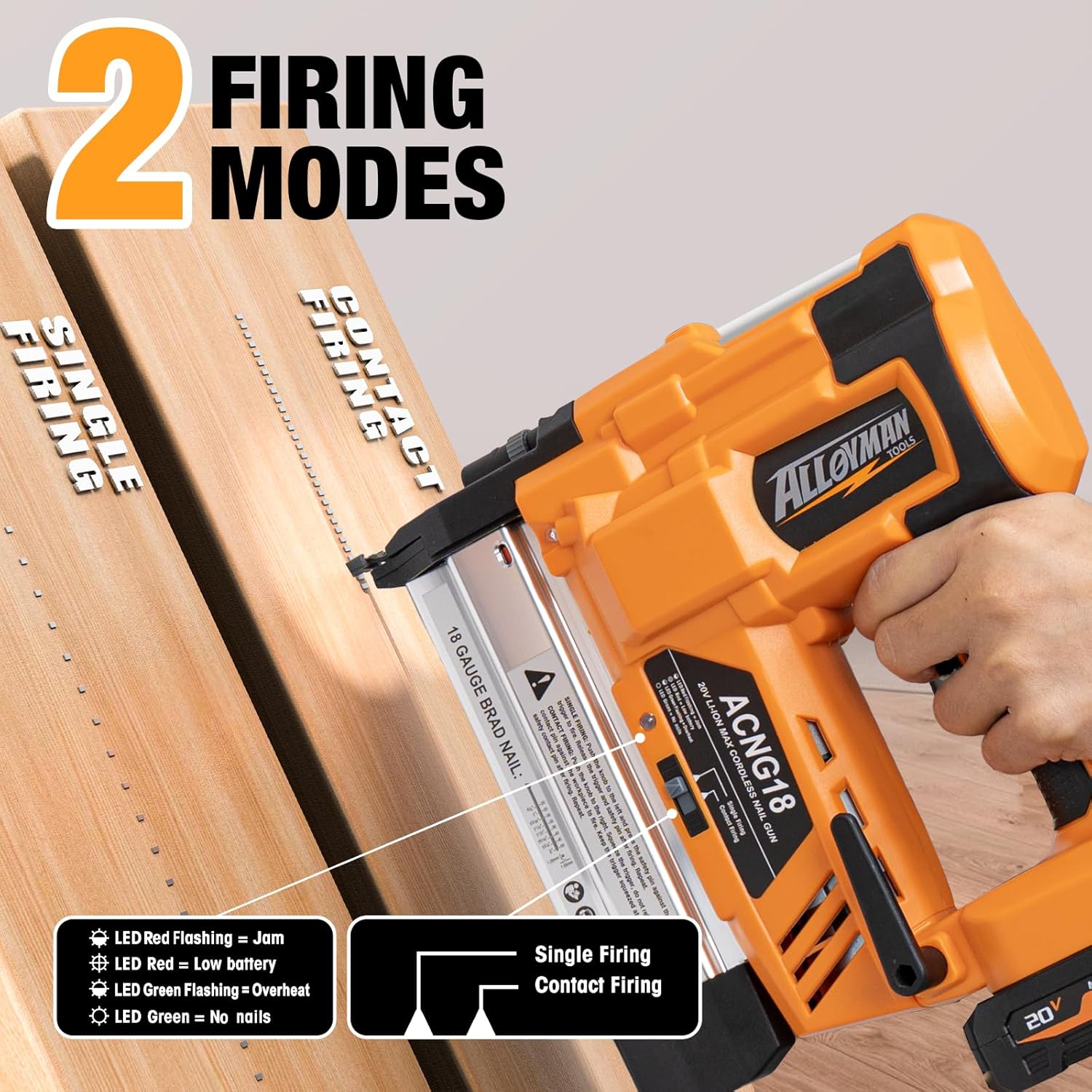 ALLOYMAN 20V 18GA Cordless Brad Nailer, with 2 * 2.0Ah Battery & Charger, Nail Gun Battery Powered, Up to 2 Inch, 2 Firing Modes, Adjustable Depth, 1000pcs Nails Included for Upholstery & Woodworking - Image 3