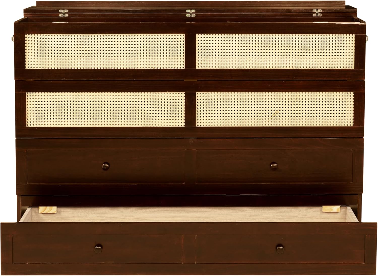 Queen Size Multi-Functional Bed Frame with Rattan Decoration Panel and Drawer for Girls/Boys,Home Office, Studio,Bedroom,Cabinet Murphy Bed w/Plank Support,No Box Spring Needed, Walnut