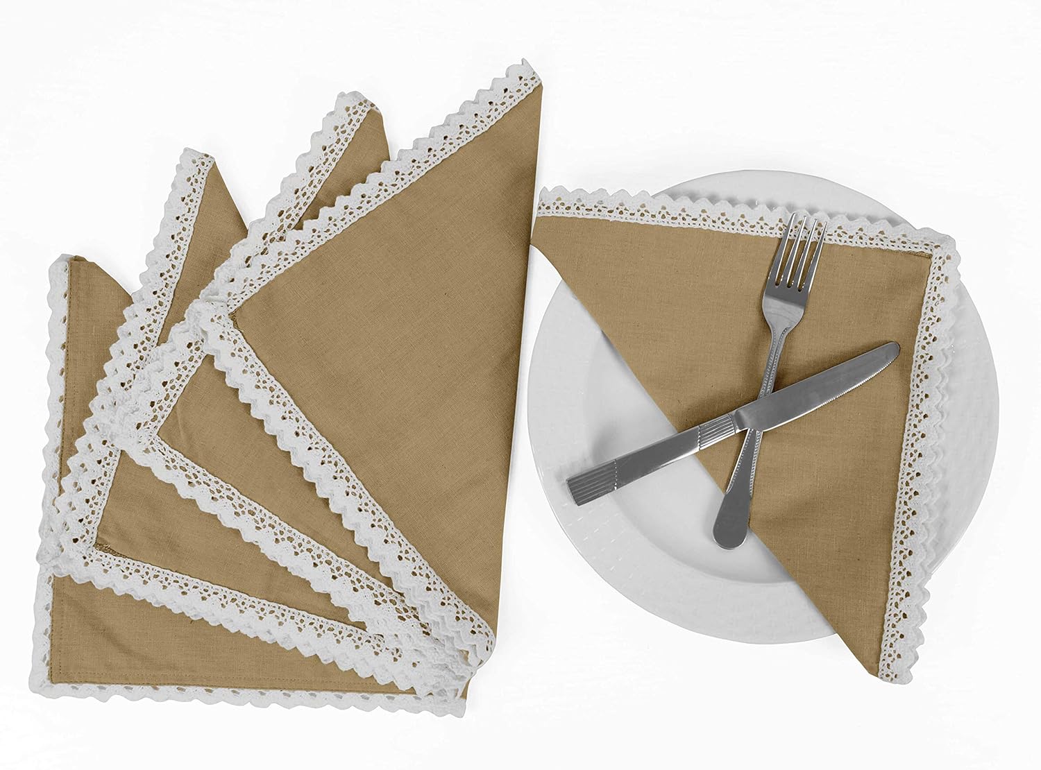 Beige Solid Home Decor Everyday Washable Lace Placemats with Napkins Dining Table Decor-Pack of 8