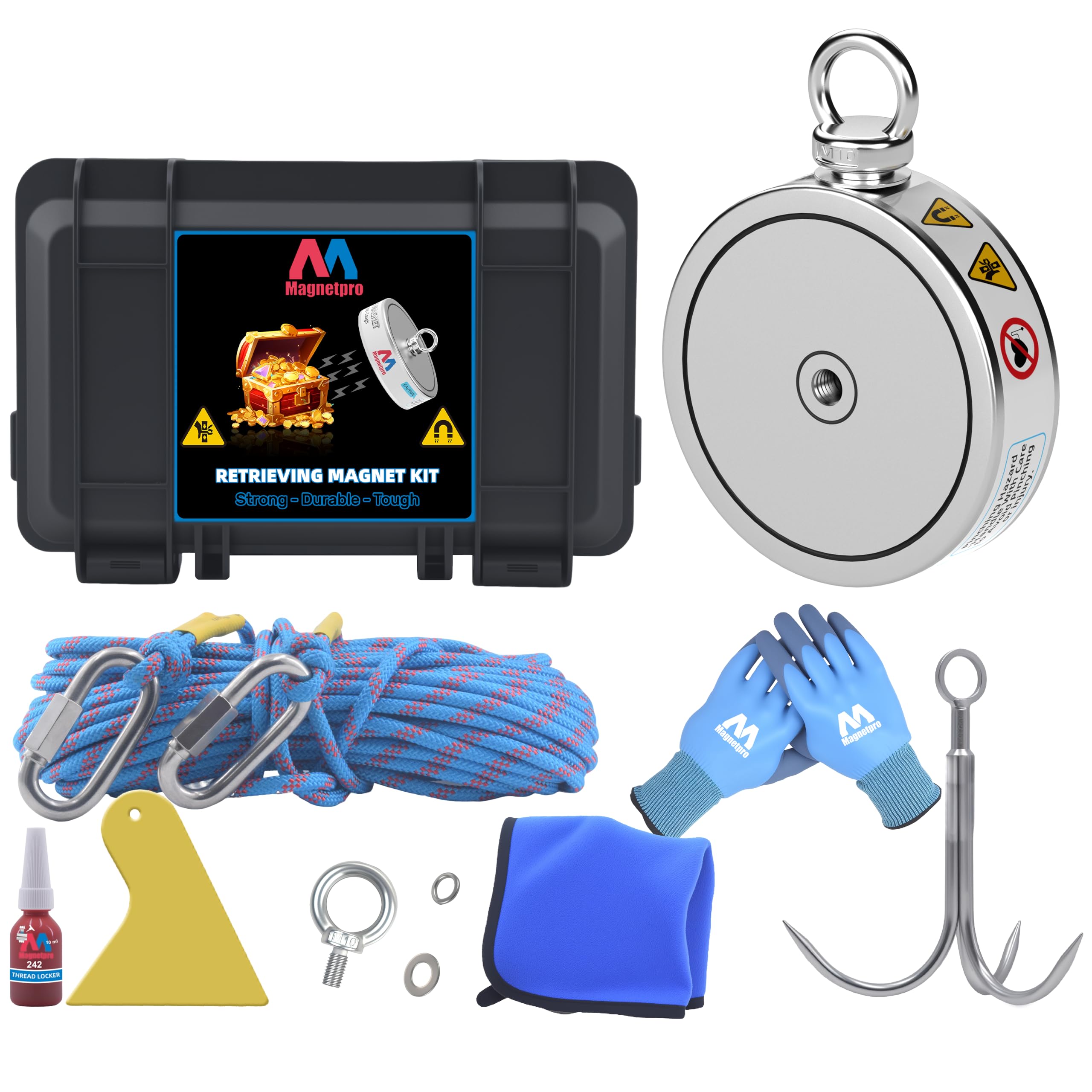 Magnetpro Set completo di magneti di recupero da 900 kg, magnete da pesca double face, contiene un forte magnete al neodimio, corda resistente da 20 metri, moschettone, guanti, gancio e una borsa per