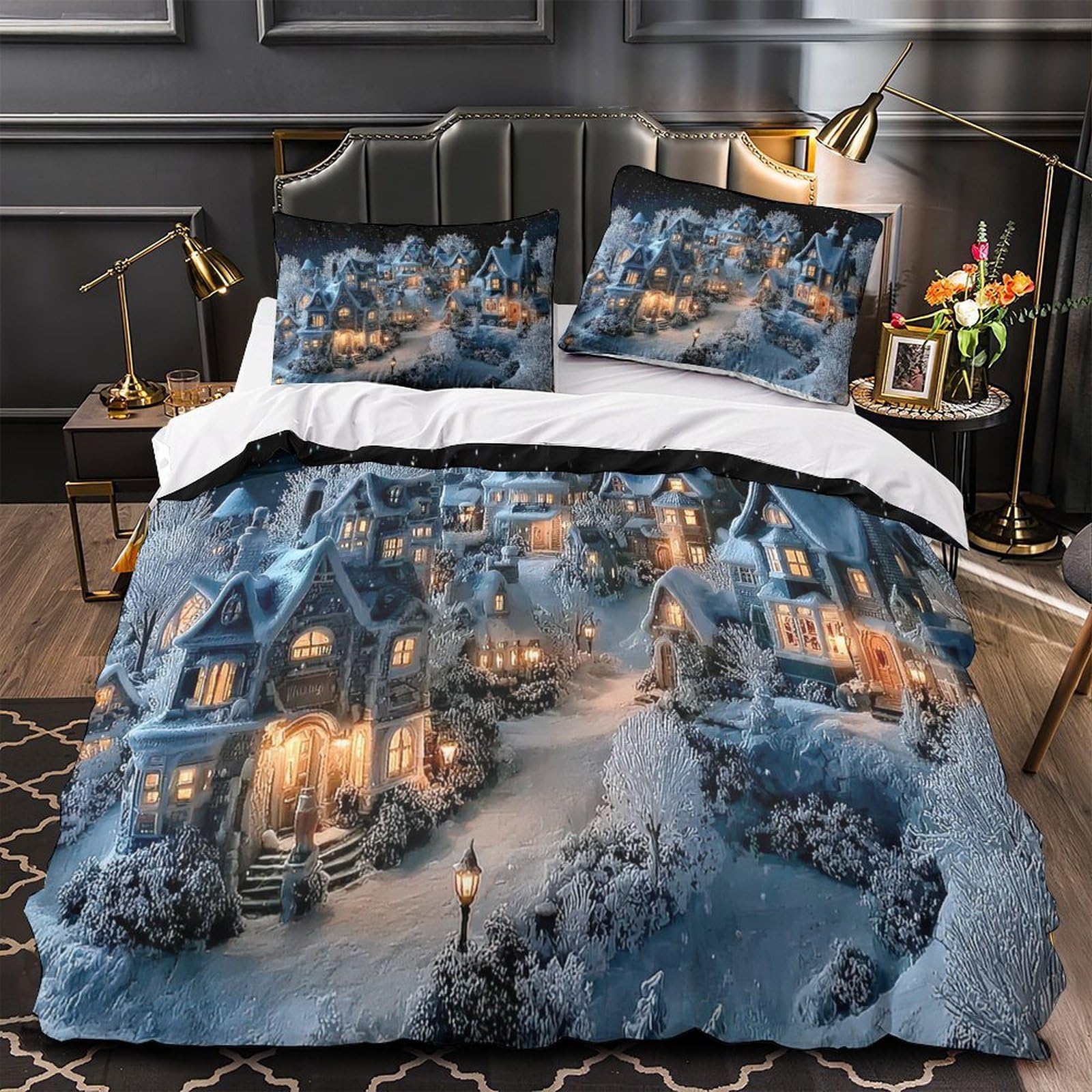 Housse de couette village d'hiver pour une chambre chaleureuse et cocooning