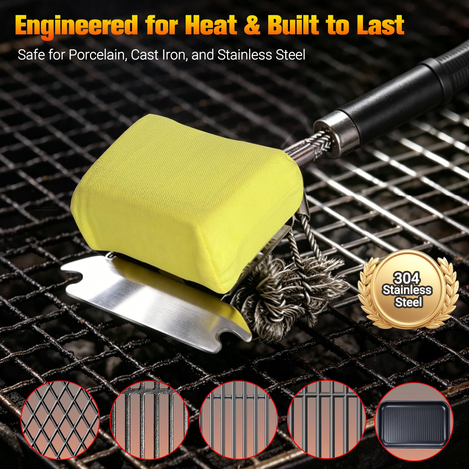 Spazzola magnetica 3 in 1 senza setole e raschietto con manico e blocco, 45,7 cm, rimovibile per barbecue per griglia, essenziale per barbecue estivo 2026, nero
