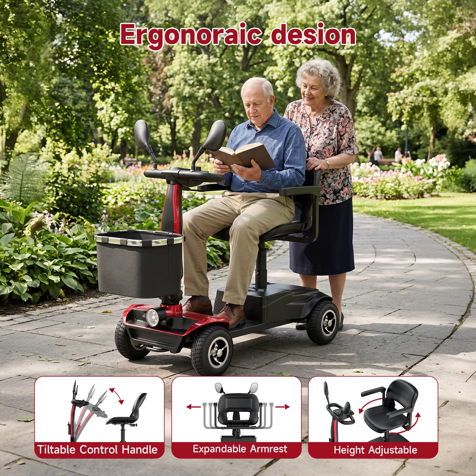 Scooters para discapacitados plegable para mayores autonomía de 20 km motor de 350W diseño estable antivuelco asiento giratorio de 360° Cesta Delantera y Luz LED Mobility Scooters