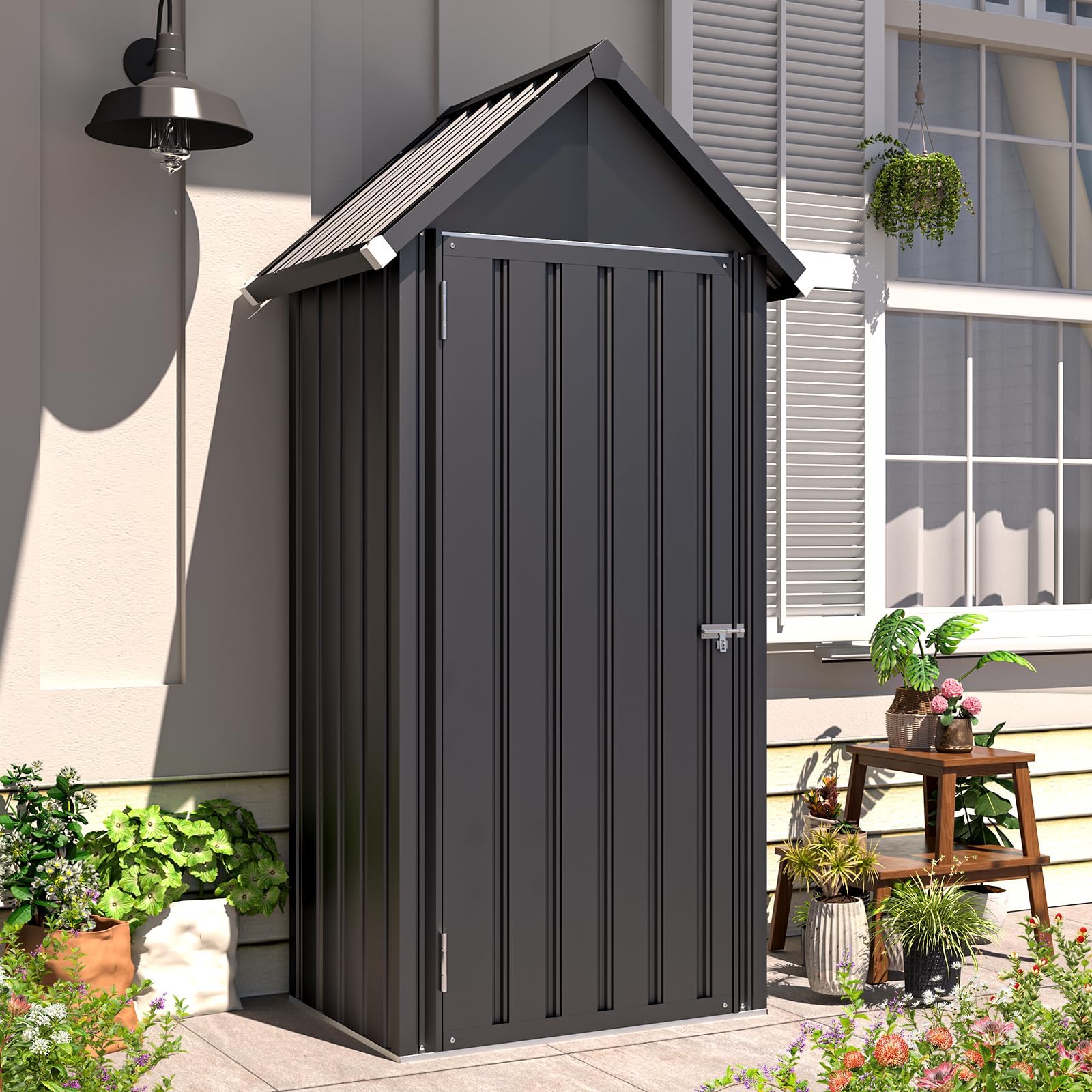 YODOLLA Metall Gartenschrank, Geräteschuppen mit Sockel & Schloss, Grau | Gartenhaus für Werkzeug & Zubehör, wetterfest, 86x55x178 cm