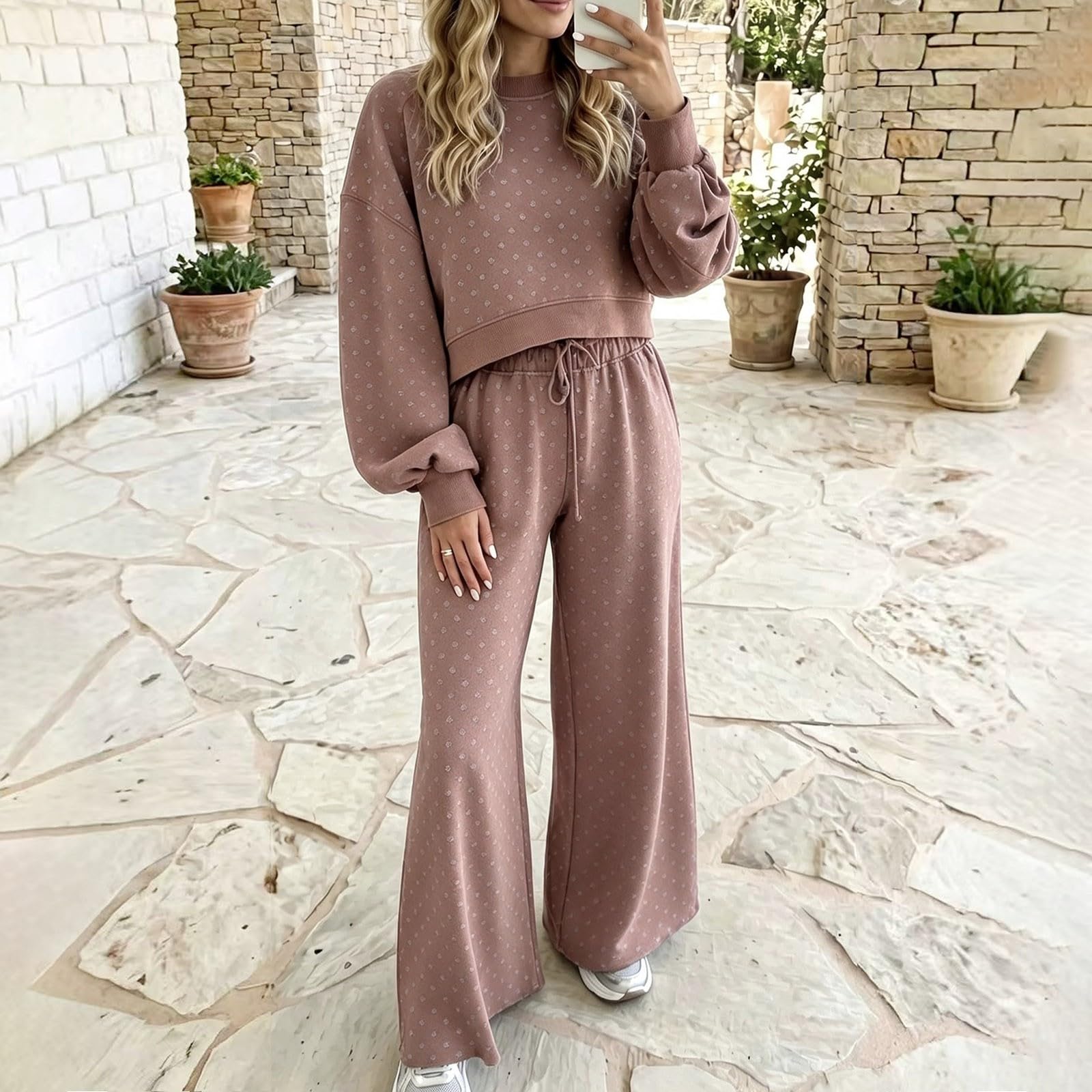 Tute Eleganti Donna 2 Pezzi Completi Palestra Manica Lunga Girocollo Tuta Da Ginnastica Completo Sportiva Casual Set Top E Pantaloni a Gamba Larga Tute Per Jogging Fitness Yoga Autunnale Invernale