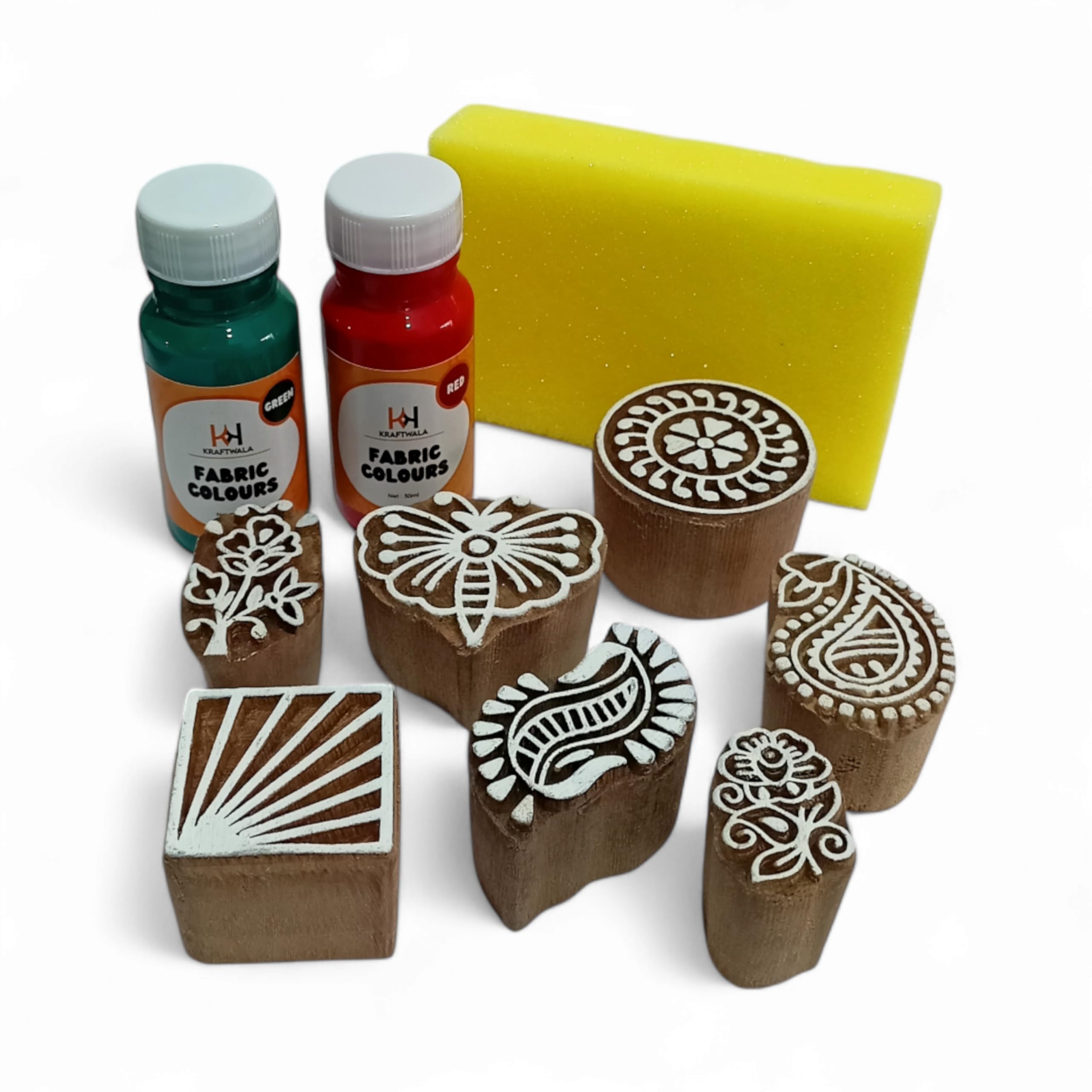 Kraftwala Block Printing Kit | Fabric Colours (Red & Green Each 30 ml) | 7 Wooden Printing Blocks | Sponge (Pack of 10)-image-9