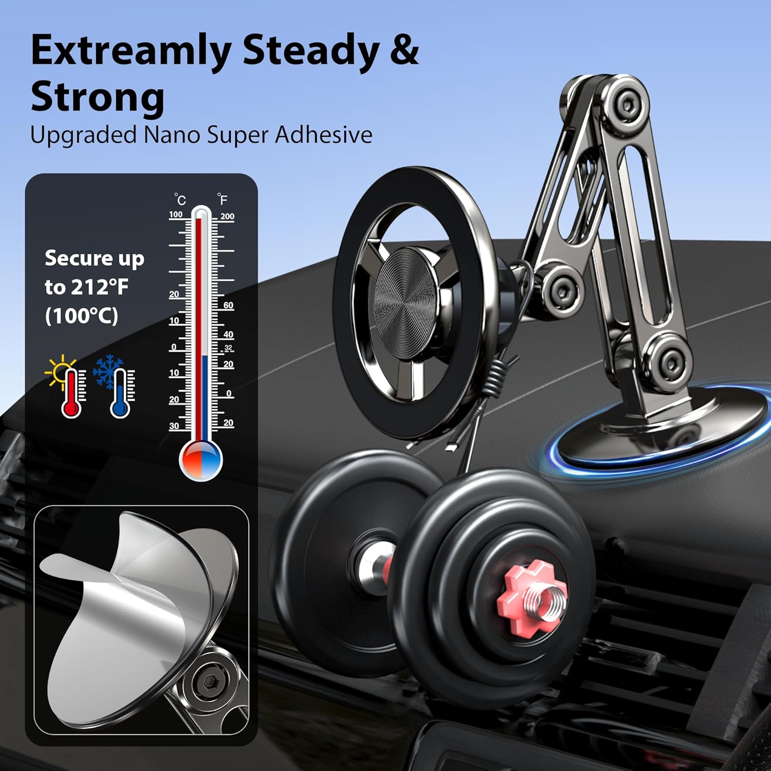 Ultra Magnetic Long-Arm Phone Holder Stand, Fits for MagSafe Car Mount Bracket【Windshield+Vent+Dash】, 360° Rotation Adjustable Strong Magnets Car Mount Desk Office Phone Cradle Holder, Black