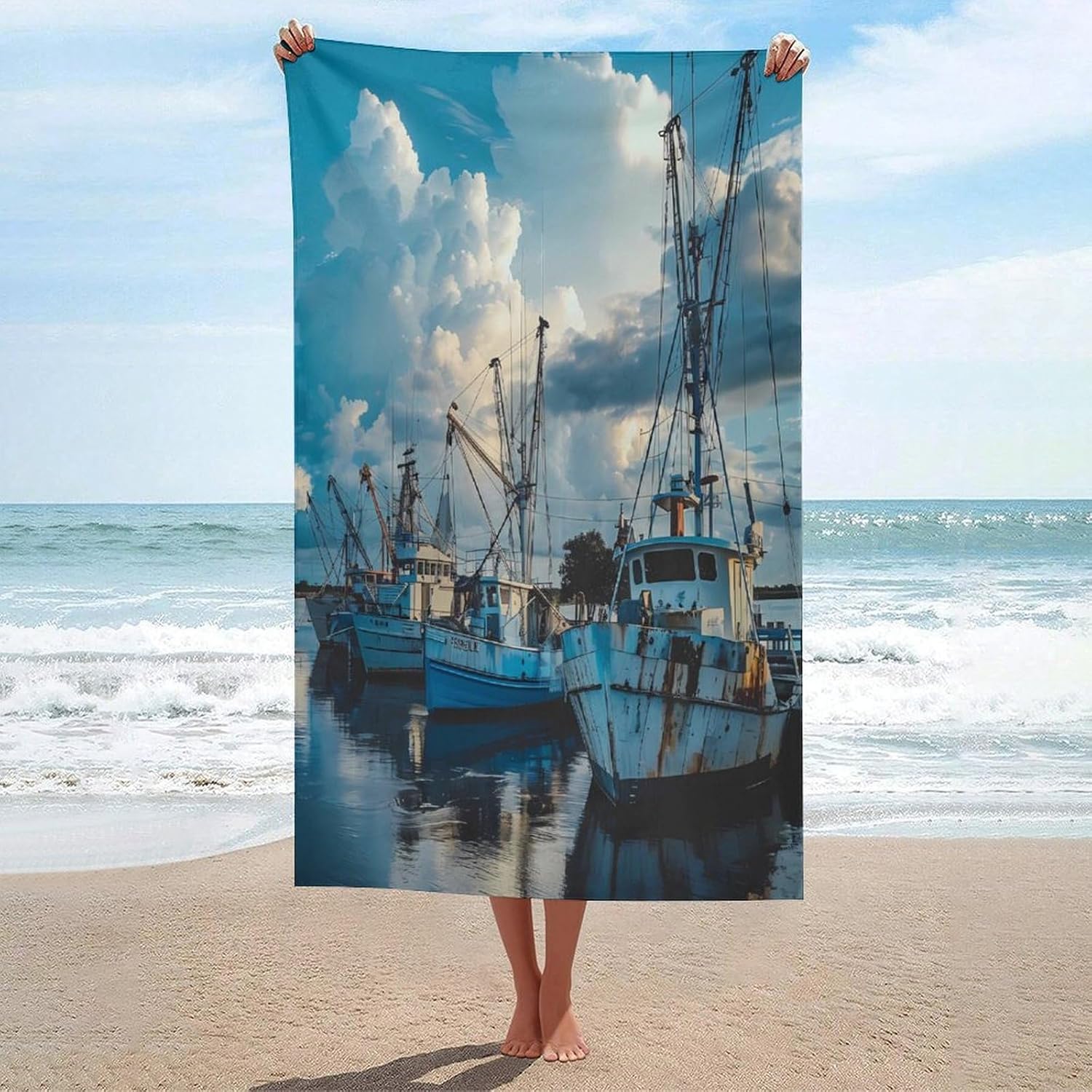 Shrimp Boats Docked in Pier Bath Towel Beach Towels Quick Dry Oversized Bath Blanket Highly Absorbent Towel for Women Men 160x80cm