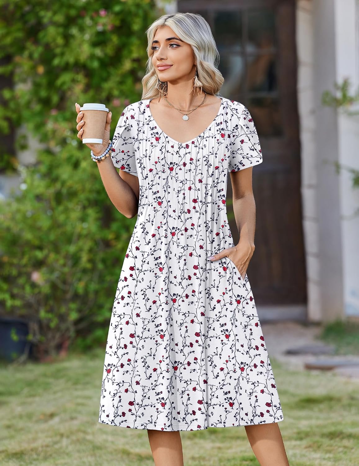 Zeagoo Womens Casual Summer Dress 2026 Short Sleeve Dresses Pleats Midi A Line Flowy Dress Boho Beach Sundress with Pockets image 2