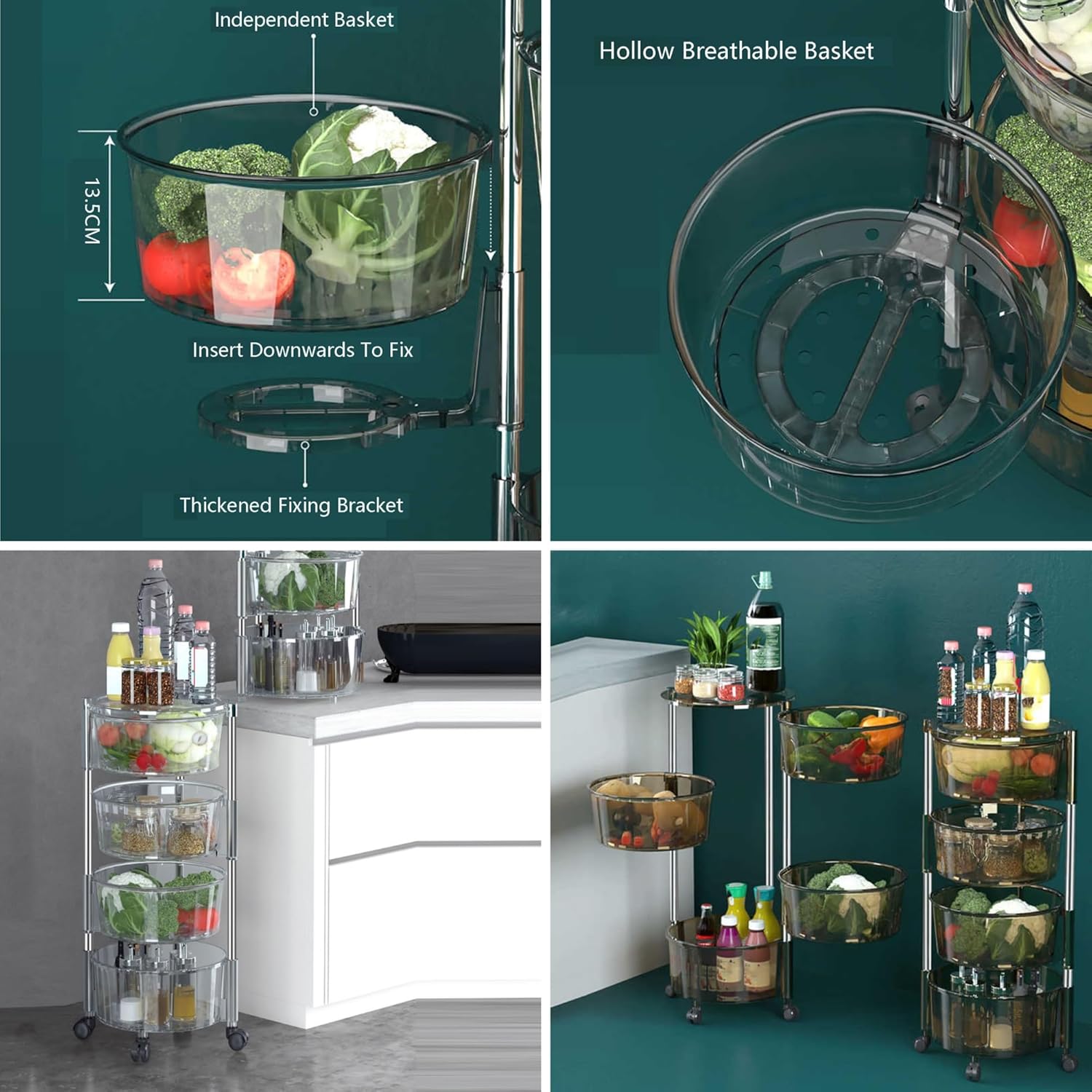 3/4/5 Tiers Storage Rotating Basket,Rotating Fruit and Vegetable Shelf,PVC+Stainless Steel Tubing Bathroom Shelf,Saves Space(Color 1,4 Tiers)