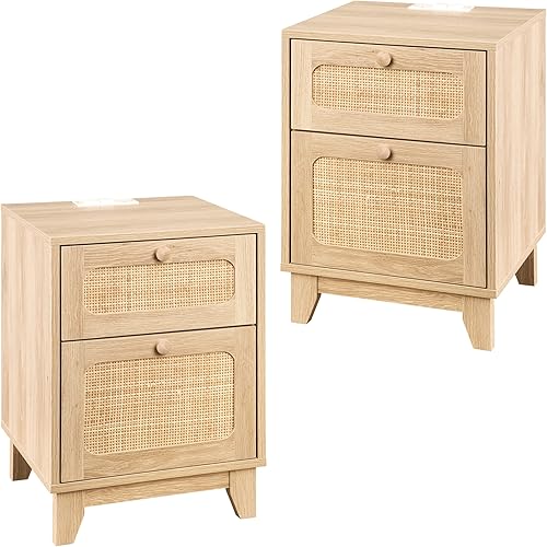 Miniatura 11 de Modern Wicker Rattan Nightstand,Rattan Stand with Drawer and Charge Station, Wooden Side End Table for Small Spaces, Natural Wood BedsideTable for