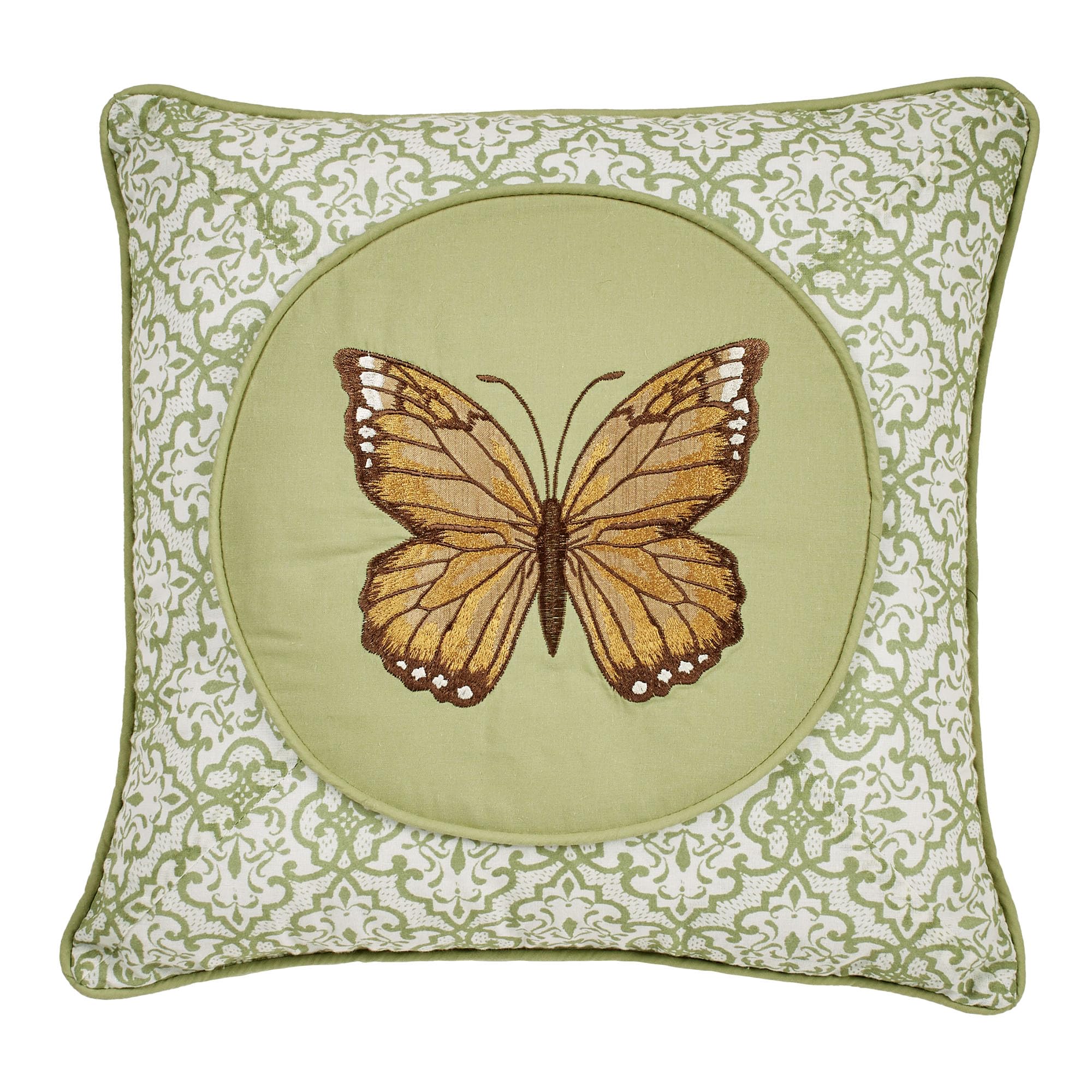 Touch of Class Butterfly Eden Embroidered Butterfly on Moss Green - Square Shaped - Throw Style Pillow - Medallion Designs - Decorative Pillows, for Bed, for Living Room - 16 Inches Square