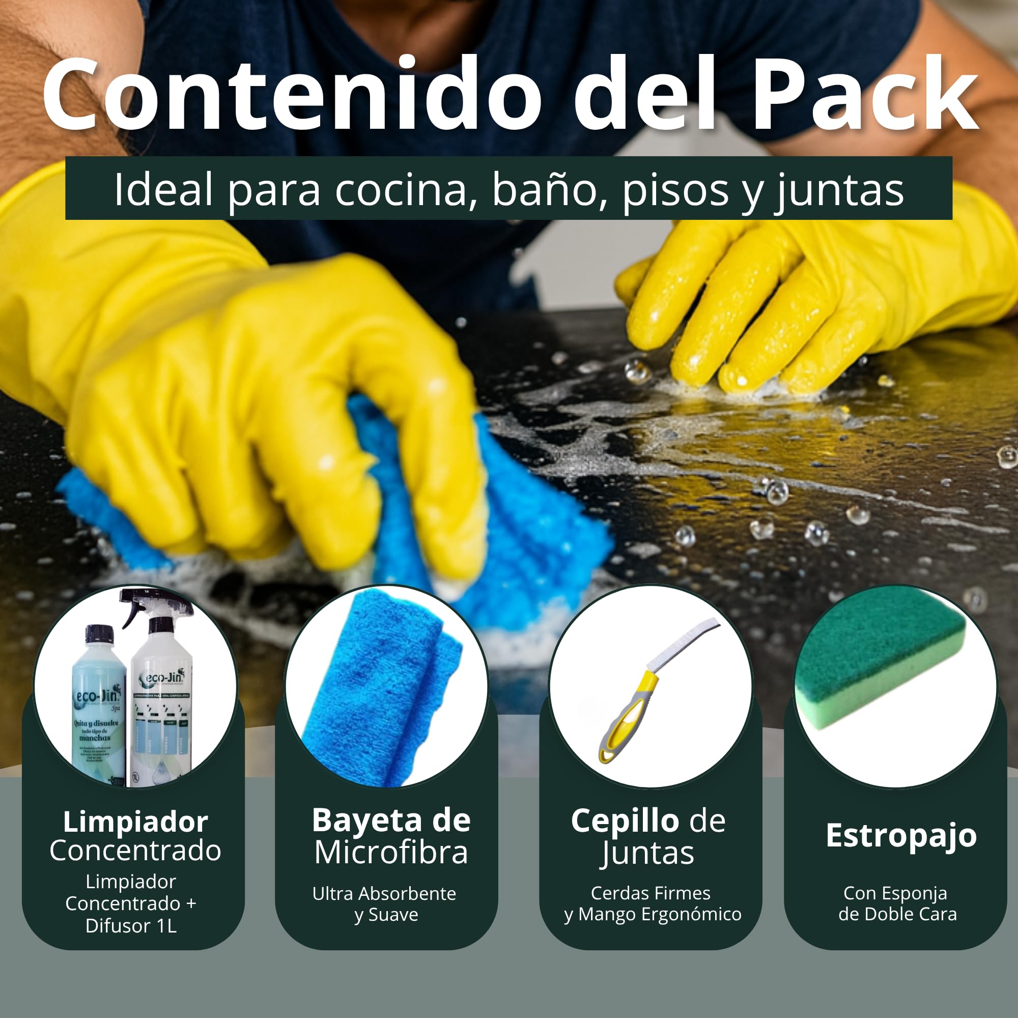 Eco-Jin Pack SPA | Difusor | Cepillo Para Juntas Amarillo | Bayeta Microfibra | Estropajo Con Esponja | Limpiador Multiusos