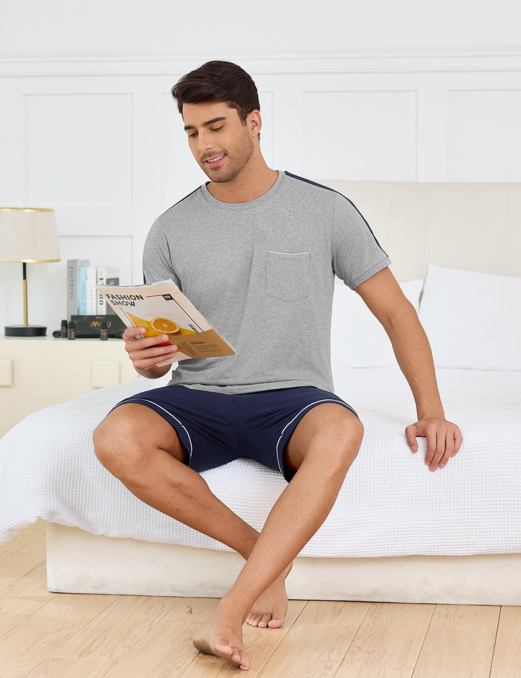 Schlafanzug Herren Kurz Baumwolle Zweiteiliger Pyjama Kurzarm mit Rundhalsausschnitt Schlafanzüge Männer in Kontrastfarbe Nachtwäsche Loungewear Sommer
