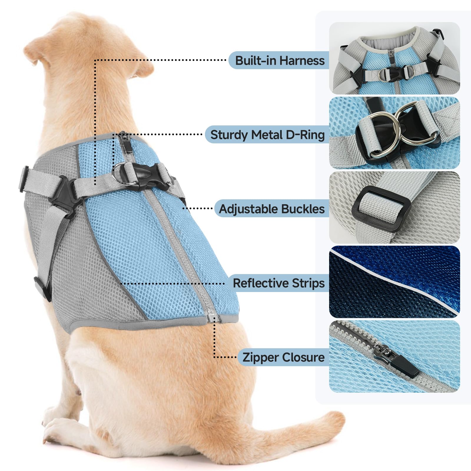 Giubbotto Rinfrescante Cane con Pettorina, Confortevole Cappotto Refrigerante Cane, Mantiene animale Fresco durante Passeggiate Estive, Riposo in Casa e Momenti di Relax(Grigio, L)