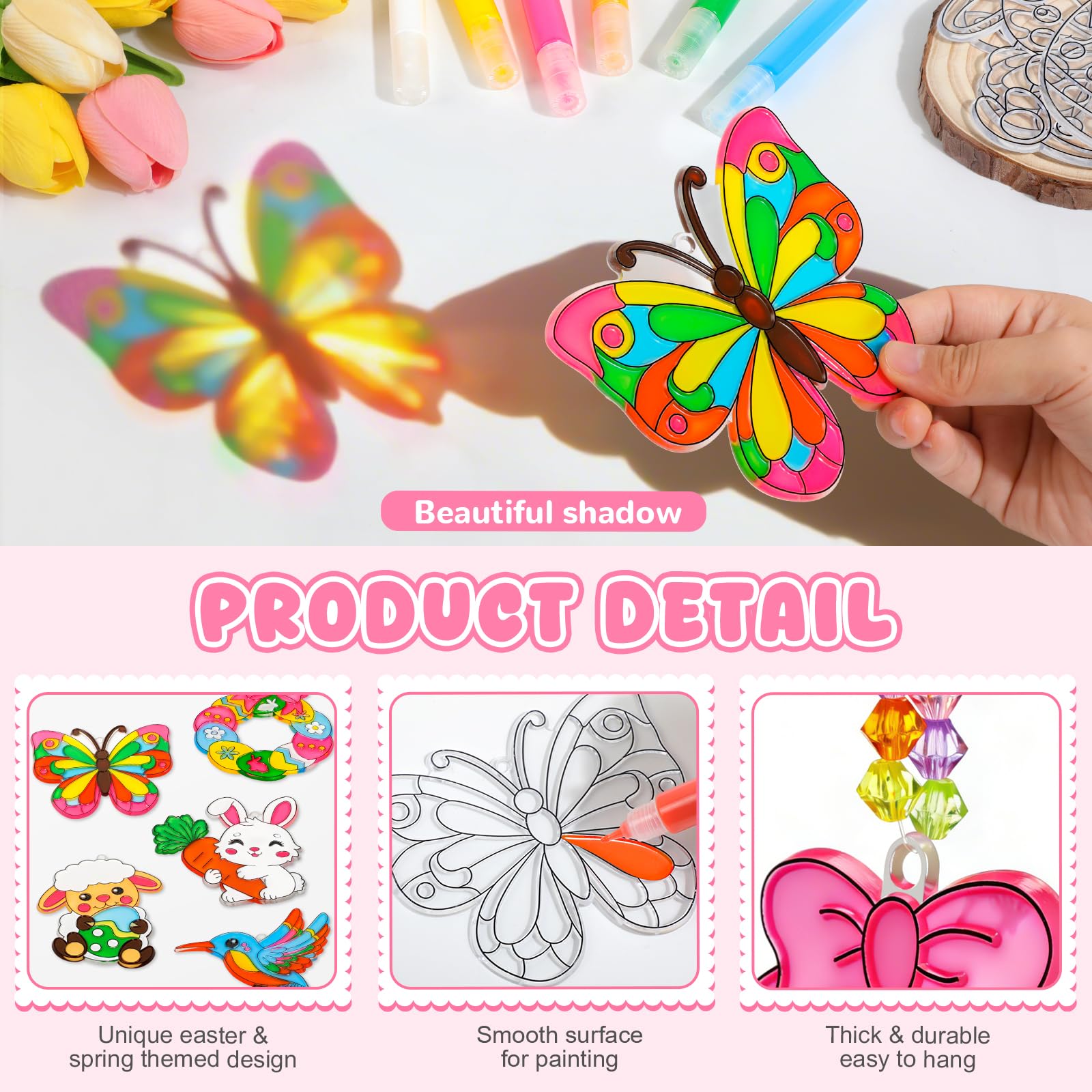 Kit de 24 Décorations Pâques à Suspendre, œufs Lapin Poulet Papillon Oiseaux à Peindre, Attrape-soleil Pendentif Fenêtre