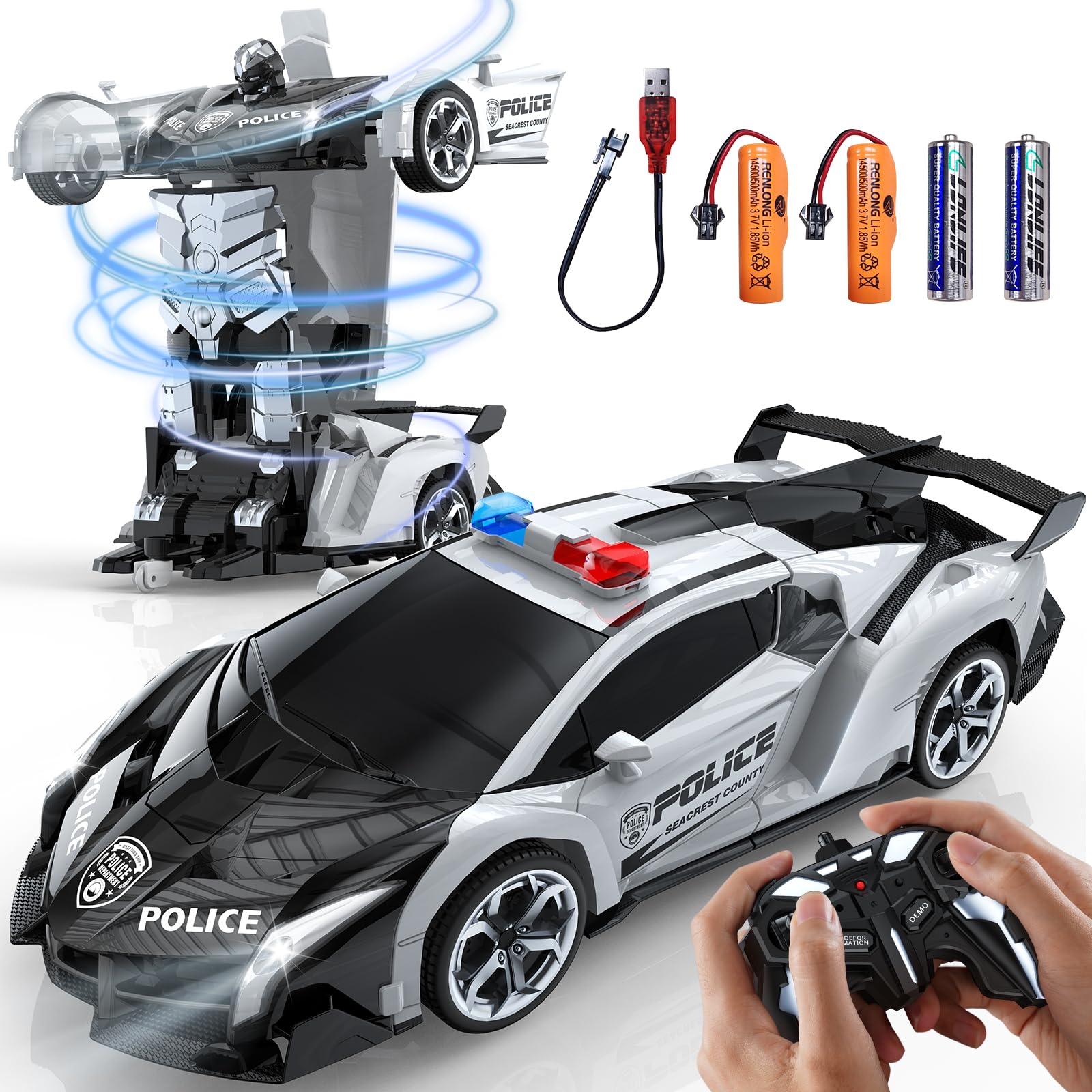 KKM Remote Control Car Toy, 2.4Ghz Transform Robot RC Cars with Flashing Light, 1:18 Scale One Button Deformation Toy Gift Car & 360° Rotating Drifting RC Toy Car for Age 6-12 Years Boy Kids-Black