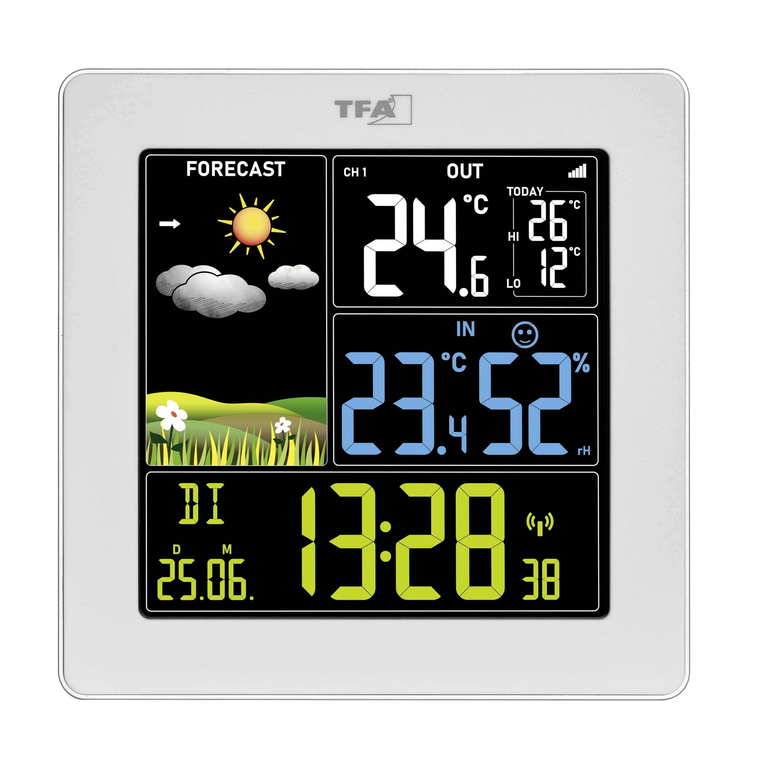 TFA Dostmann Station météo sans fil SUN2 avec capteur, 35.1174, intérieure/extérieure, température/humidité, Grand écran Couleur, Horloge Radio-pilotée avec Date, Noir