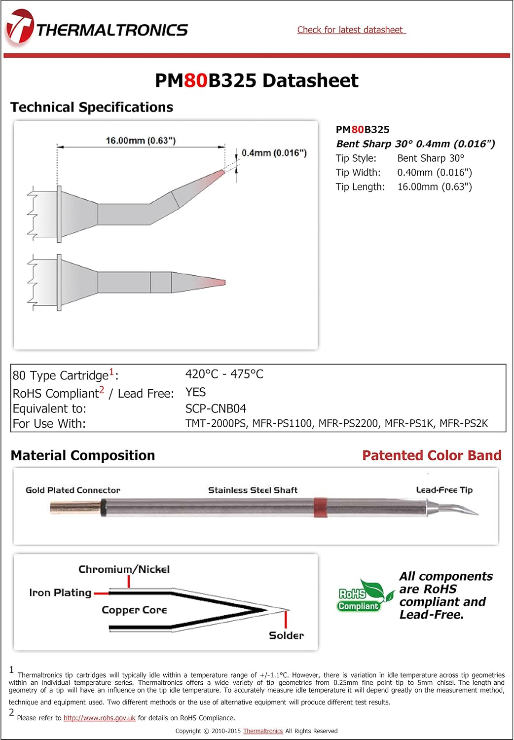 PM80B325 Bent Sharp 30deg 0.4mm (0.016in) interchangeable for Metcal SCP-CNB04