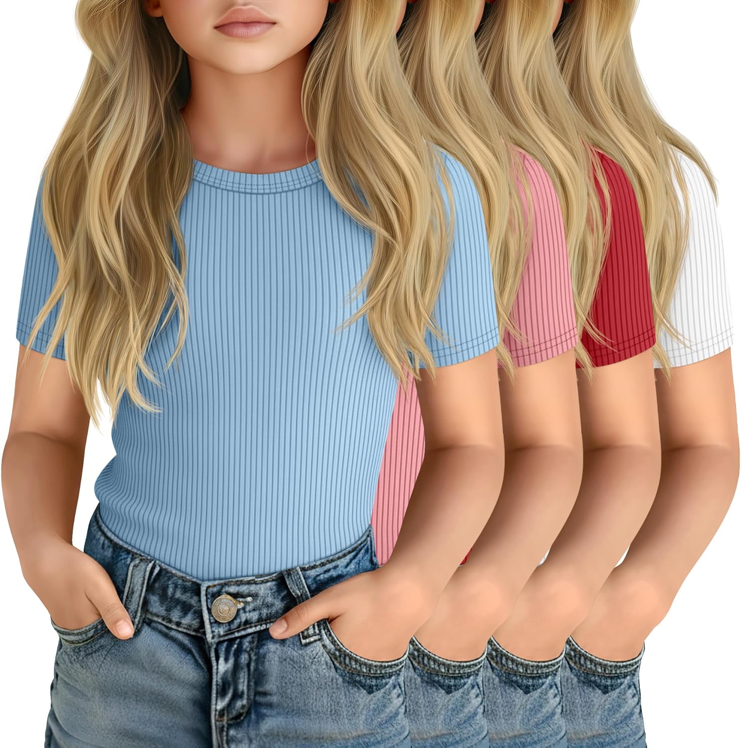 4 Pcs Girls Short Sleeve Ribbed Knit Shirts Crew Neck Tops Slim Basic Solid Casual ...