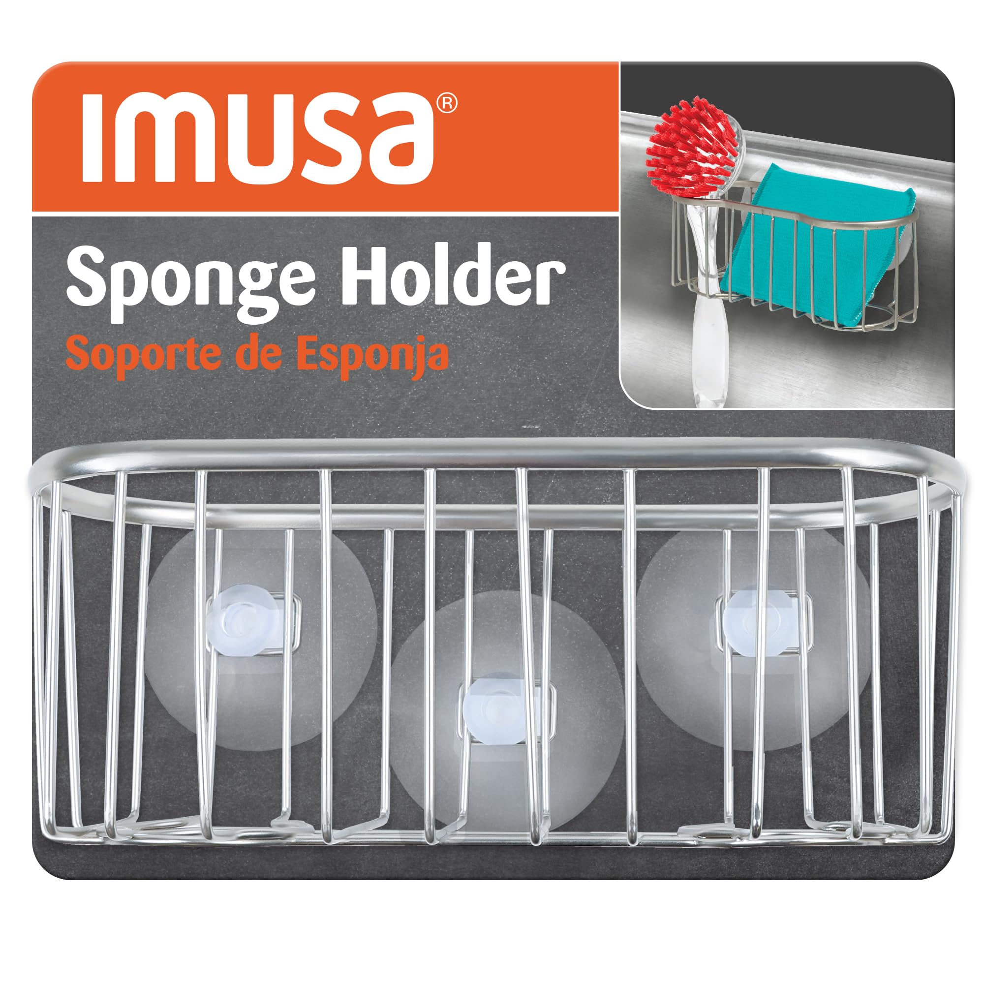 Best Brands IMUSA Sponge Holder for Kitchen Sink Brushed Metal Sink Organizer with Triple Suction Cups Compact Caddy