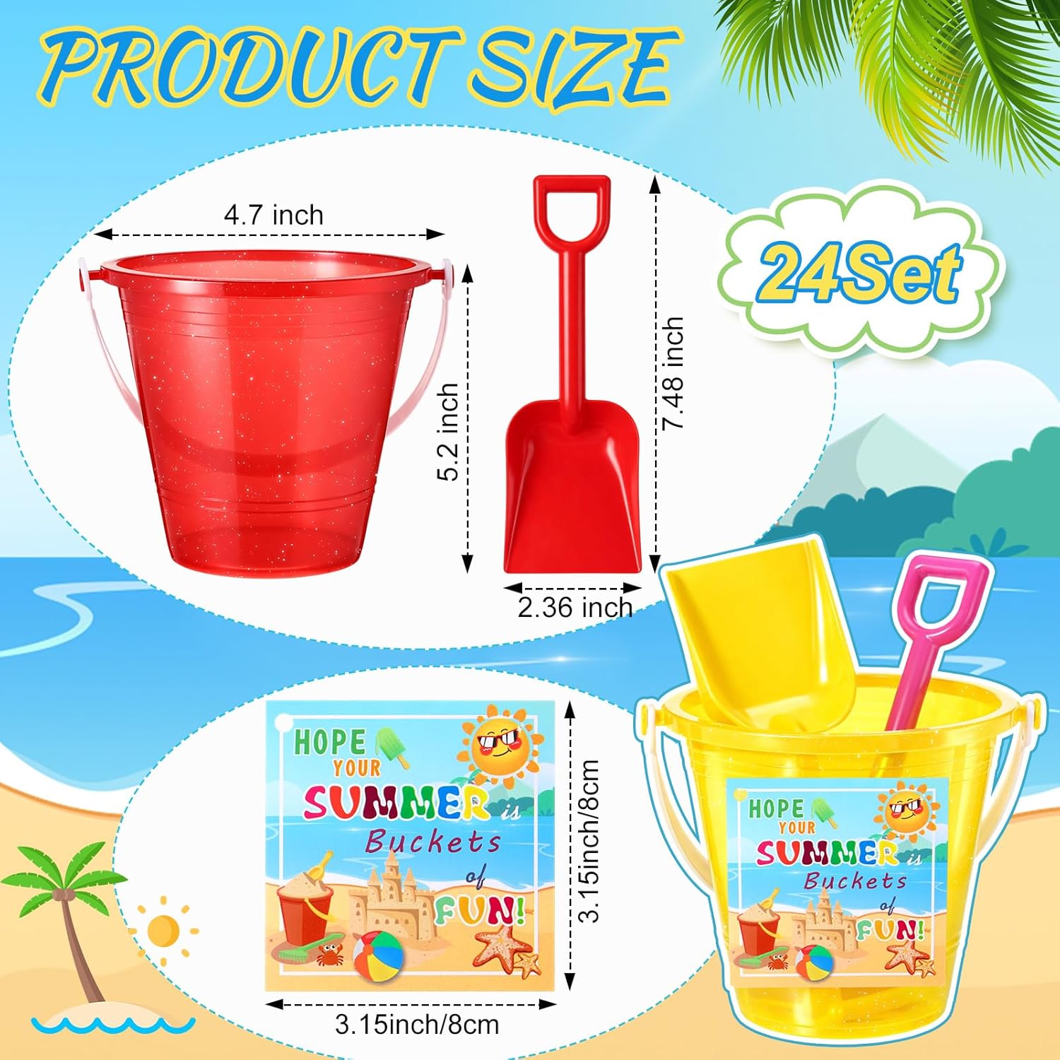 LemonRoad 24 Set End of Year Student Gifts 5'' Clear Color Sand Beach Buckets Bulk with Shovels Cards Mini Plastic Buckets Sand Pails for Kids Summer Holiday Party Beach Pool Birthday Graduation Party