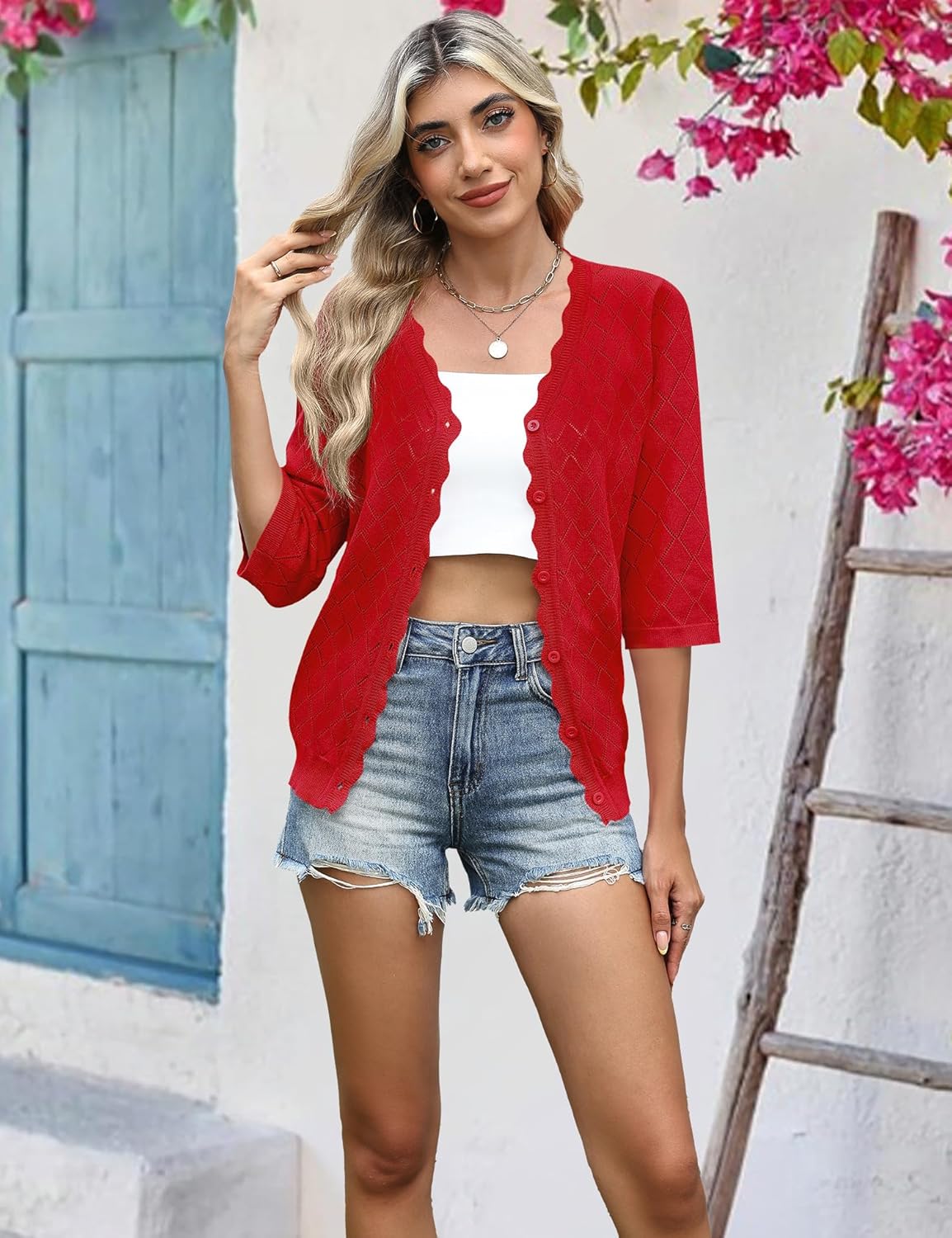 Rapbin Cardigans for Women Lightweight 3/4 Sleeve Crochet Textured Shrug for Dresses Open Front V Neck Button Down Top - Image 7