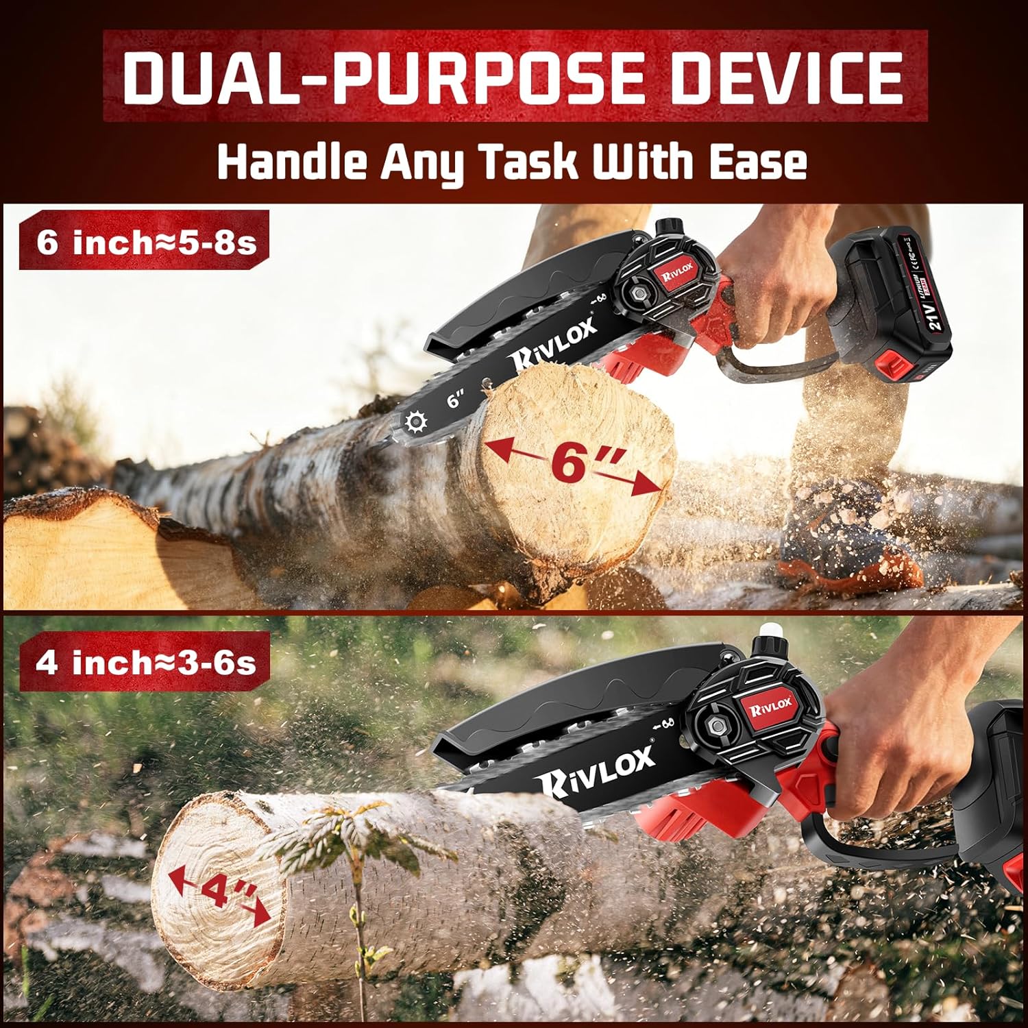 Mini Chainsaw,6 & 4 inch Electric Chainsaws Cordless Battery Powered, One-Hand Portable Handheld Saw for Trees Trimming Wood Cutting,Chain Saw Gift for Men Dad Husband Women (Red-2 Battery) - Image 2
