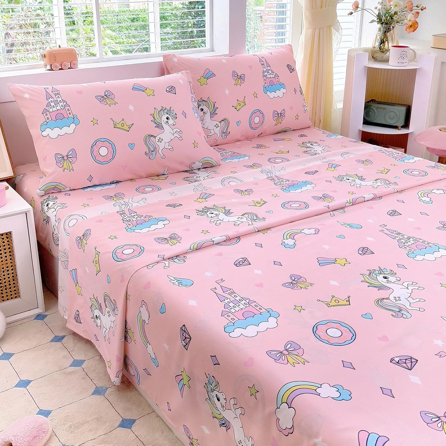 Full Sheet Set Kids - Pink Unicorn 4 Pieces Soft Microfiber Cartoon Style Bedsheets for Boys Girls Teens, Oeko TEX Breathable 15 Inch Deep Pocket Sheets(Princess Dream)