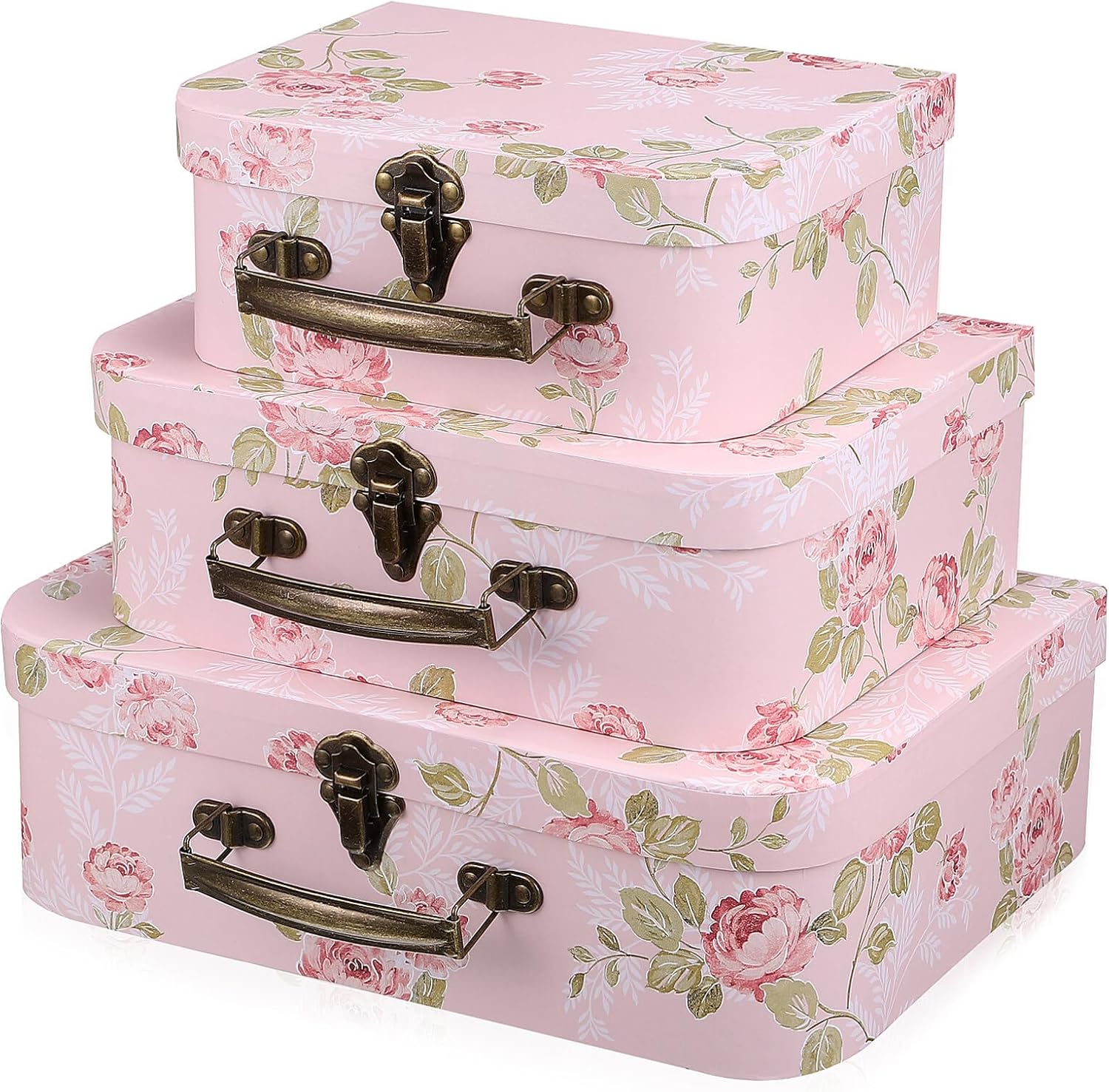 HOMSFOU Baby Suitcase Box Set of 3 Paperboard Storage Boxes with Lids Decorative Mini Suitcase Favor Boxes for Baby Shower Wedding and Party