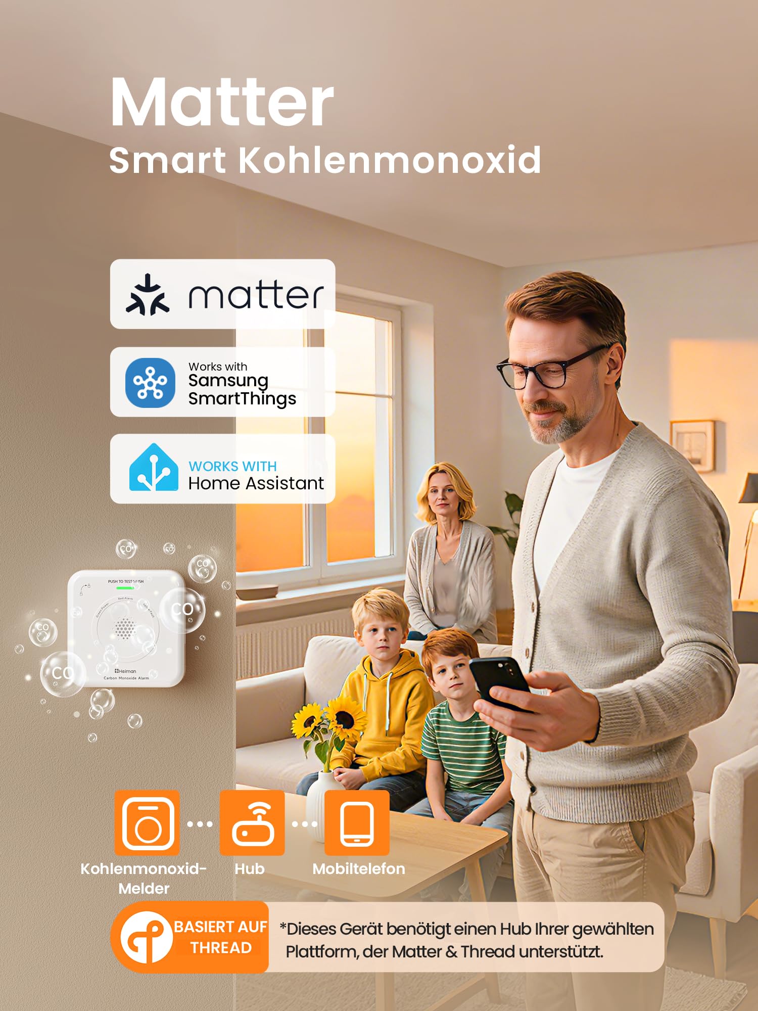 Heiman Détecteur de Monoxyde de Carbone Intelligent Matter (Hub Requis) - Détecteur CO pour SmartThings & Home Assistant, Certifié en 50291, Piles AA Remplaçables, Capteur 10 Ans, 85dB, HS-725ES-M