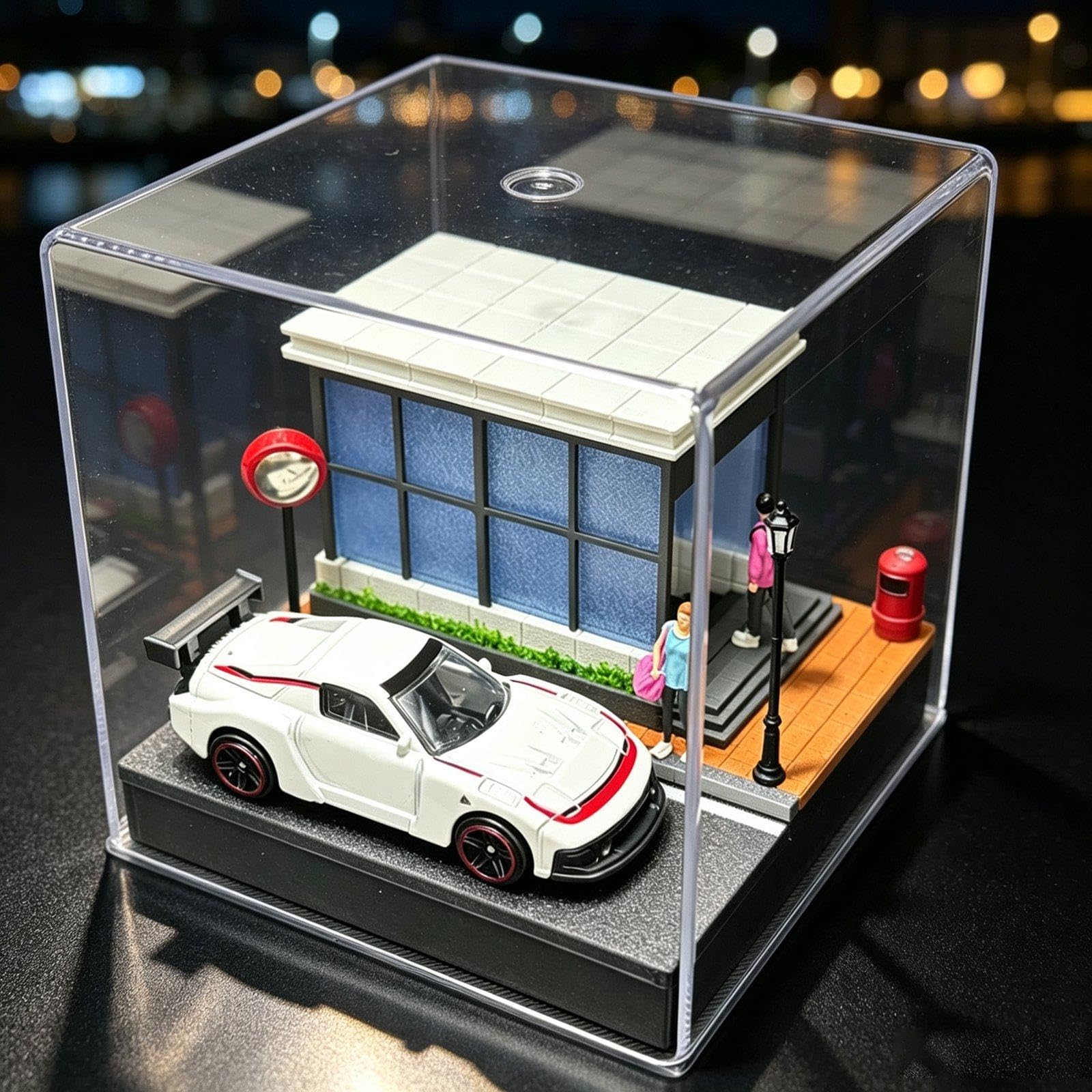 Vitrina para Ruedas de Metal Fundido a Escala 1/64 con Figuras Y Accesorios para Maquetas de Coches.