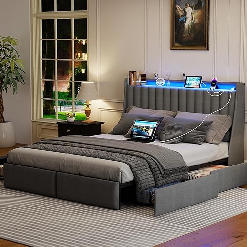 Vista 7 de SADENICEL Base de cama Queen con cabecera de almacenamiento, base de cama de plataforma de metal tamaño Queen con 4 cajones, luz LED, estación