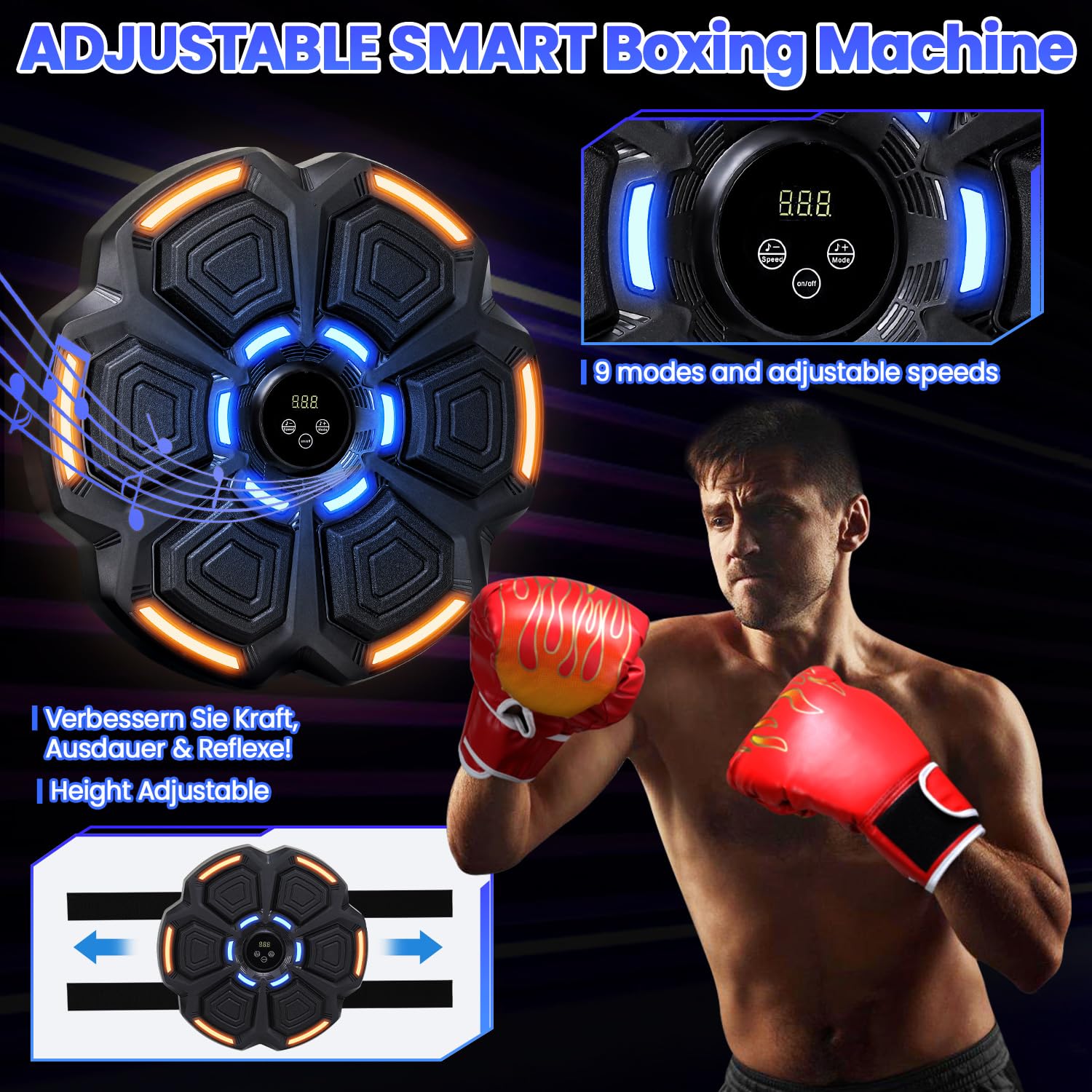 Boxe musicale per casa con Bluetooth, luci di reazione LED e funzione di conteggio, allenamento da boxe con 9 livelli di velocità, montaggio a parete senza foratura, include 2 guantoni da boxe