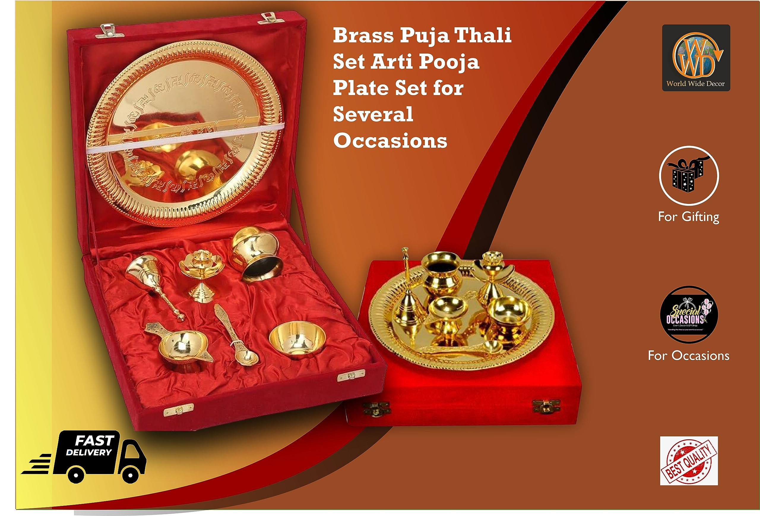 Brass Pooja Thali Set - 7 Piece Gift Box -5