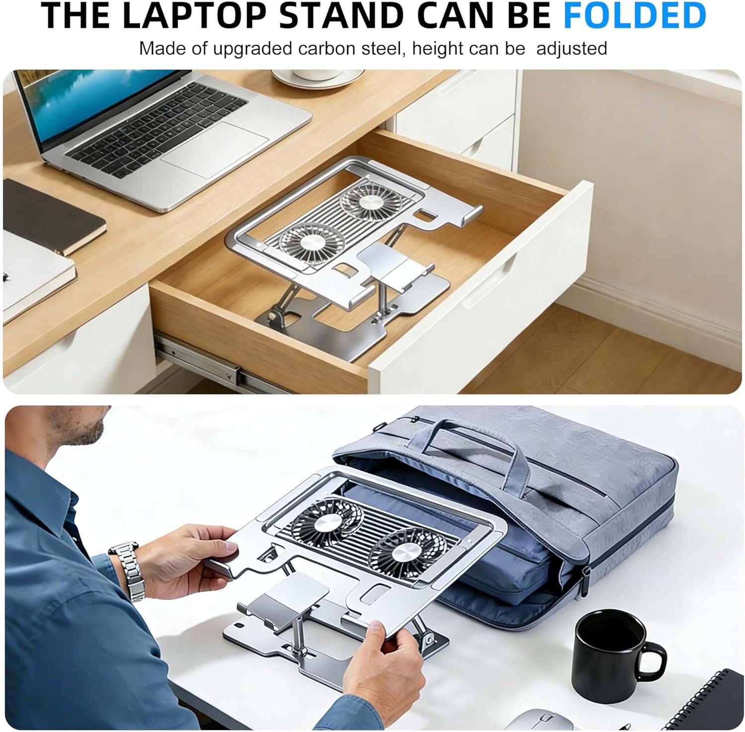 Ergonomic 2-in-1 Laptop Stand for Desk with Phone Holder,Adjustable Laptop Riser with Fans,Computer Stand for Laptop,Sturdy and Portable Stand,Compatible with All Laptops and Phones White