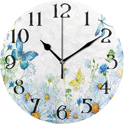 Reloj de pared con mariposas y mariposas, decoración de pared, funciona con pilas, reloj de pared de margaritas con mariposas de 9.5 pulgadas, reloj