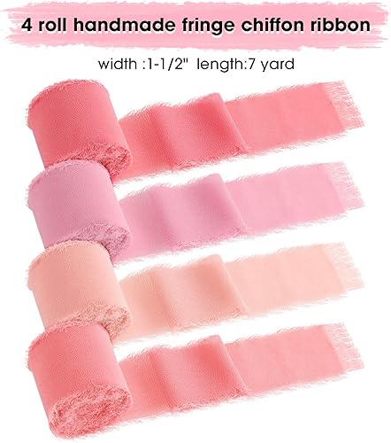 Miniatura 2 de Boao 4 rollos de cinta de gasa hecha a mano con flecos de seda de 1.5 pulgadas x 7 yardas, cintas deshilachadas rosas para el día de San Valentín,